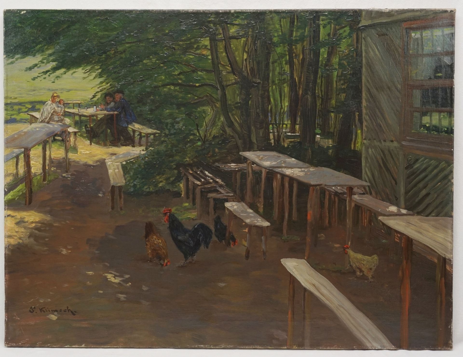 S. Klimsch, "Hühner auf dem Rastplatz"Öl/Leinwand, unten links signiert, leere Tische und Bänke, - Bild 2 aus 4