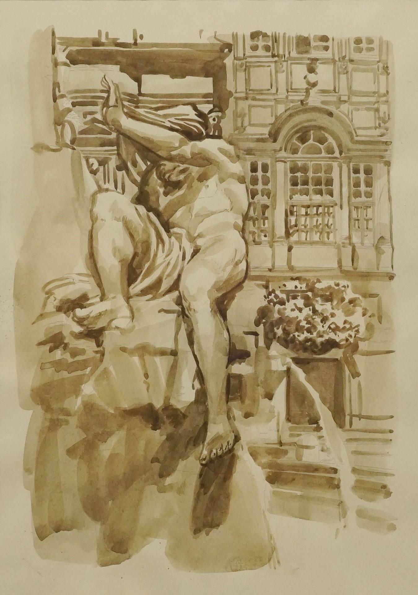Unbekannter Künstler, "Rom Piazza Navona"Sepia-Zeichnung über Bleistift/Papier, 1. Hälfte 20. Jh.,
