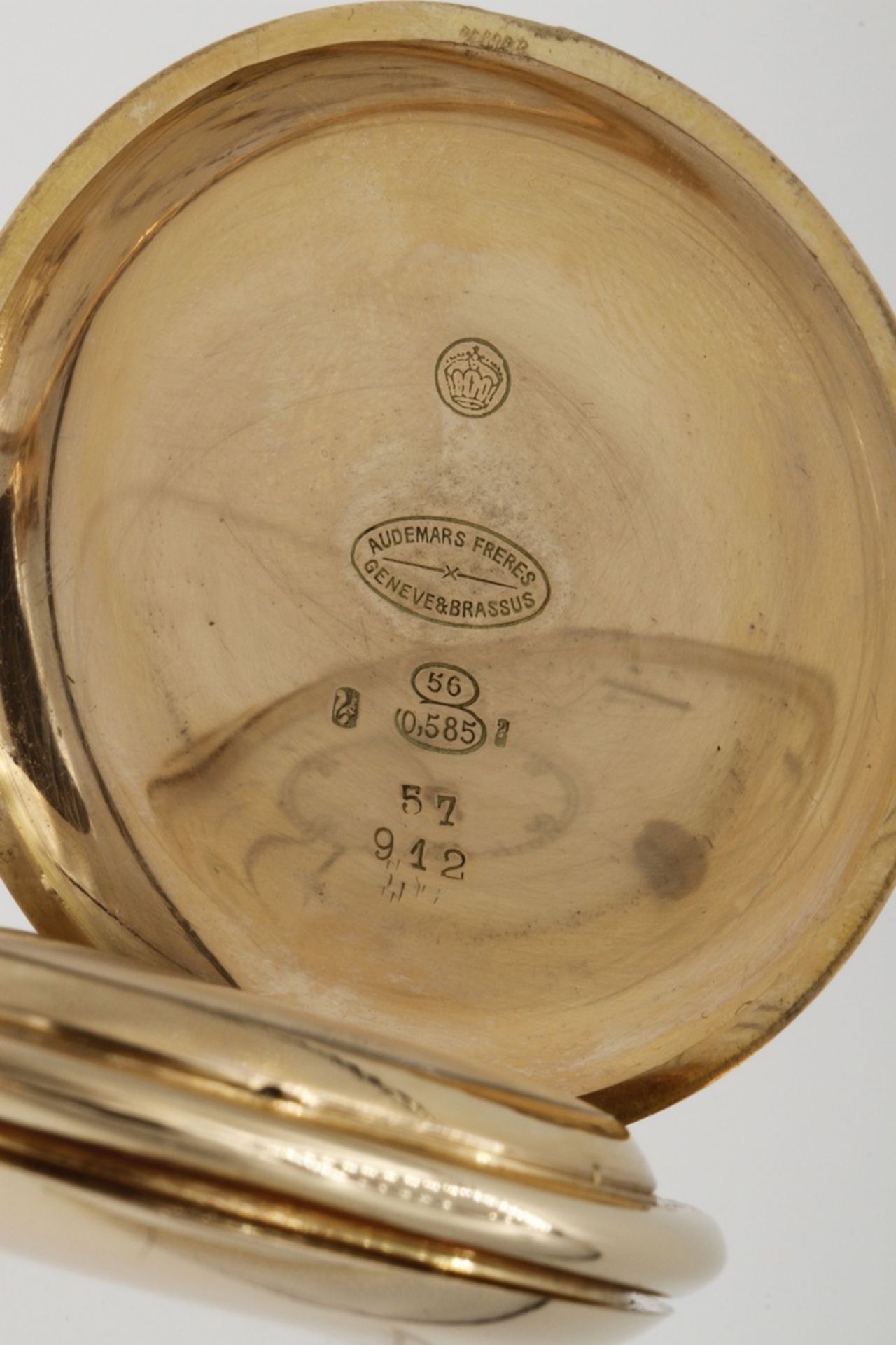Schwere, goldene Audemars Freres Brassus Geneve Taschenuhr /Savonnette, um 1900585/- Roségold, - Image 4 of 8