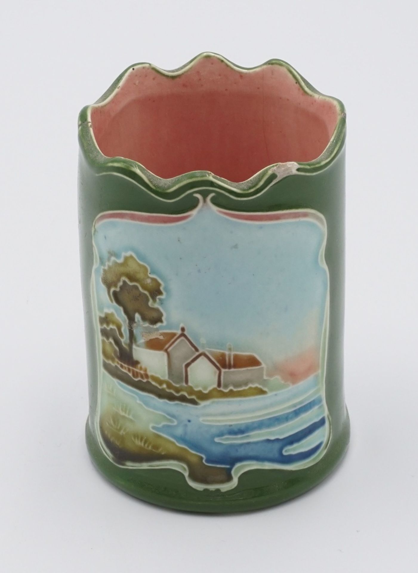 Drei Eichwald Keramik / Majolika Gefäße, Jugendstilgrüner Fond mit kolorierten Blumenranken 1) - Bild 4 aus 5