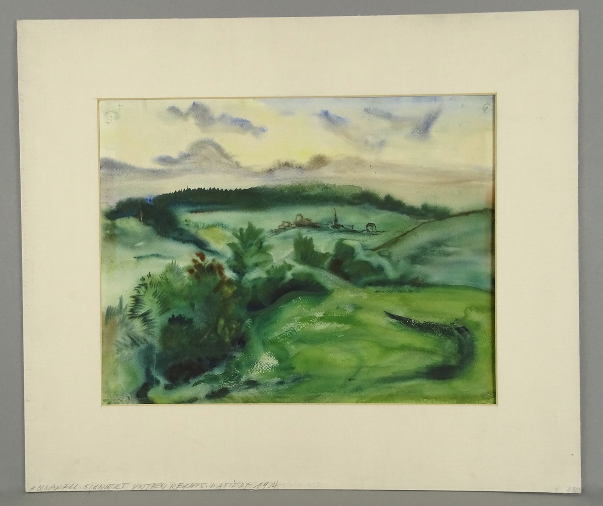 Unbekannter Maler, "Landschaft mit kleinem Dorf"Aquarell/Papier, unten rechts undeutlich signiert, - Image 2 of 3