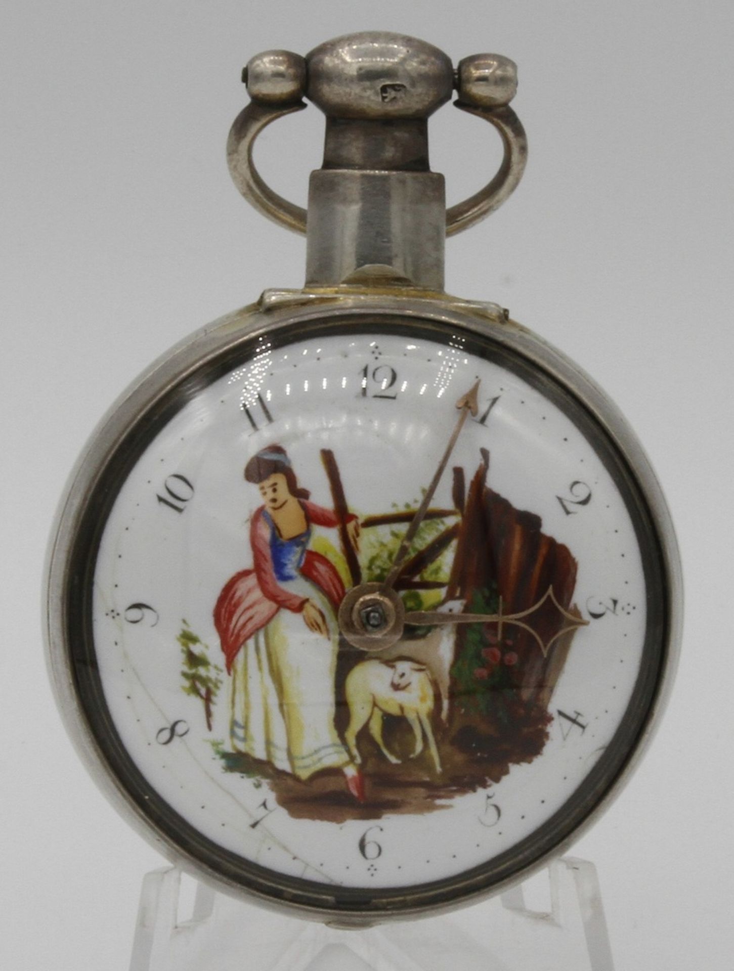 Thomas Brown Birmingham Spindeltaschenuhr mit bemalten Ziffernblatt, um 1790Silber, Uhrwerk signiert - Bild 2 aus 7