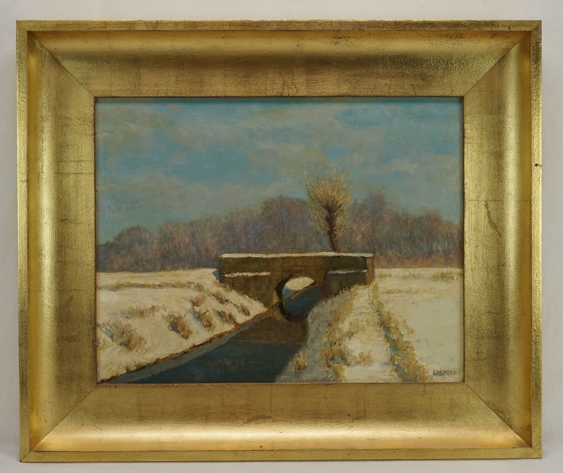 Adolf Caspari, "Brücke im Winter"(1864 - 1941 Quedlinburg), Öl/Maltafel, unten rechts signiert, - Bild 2 aus 4