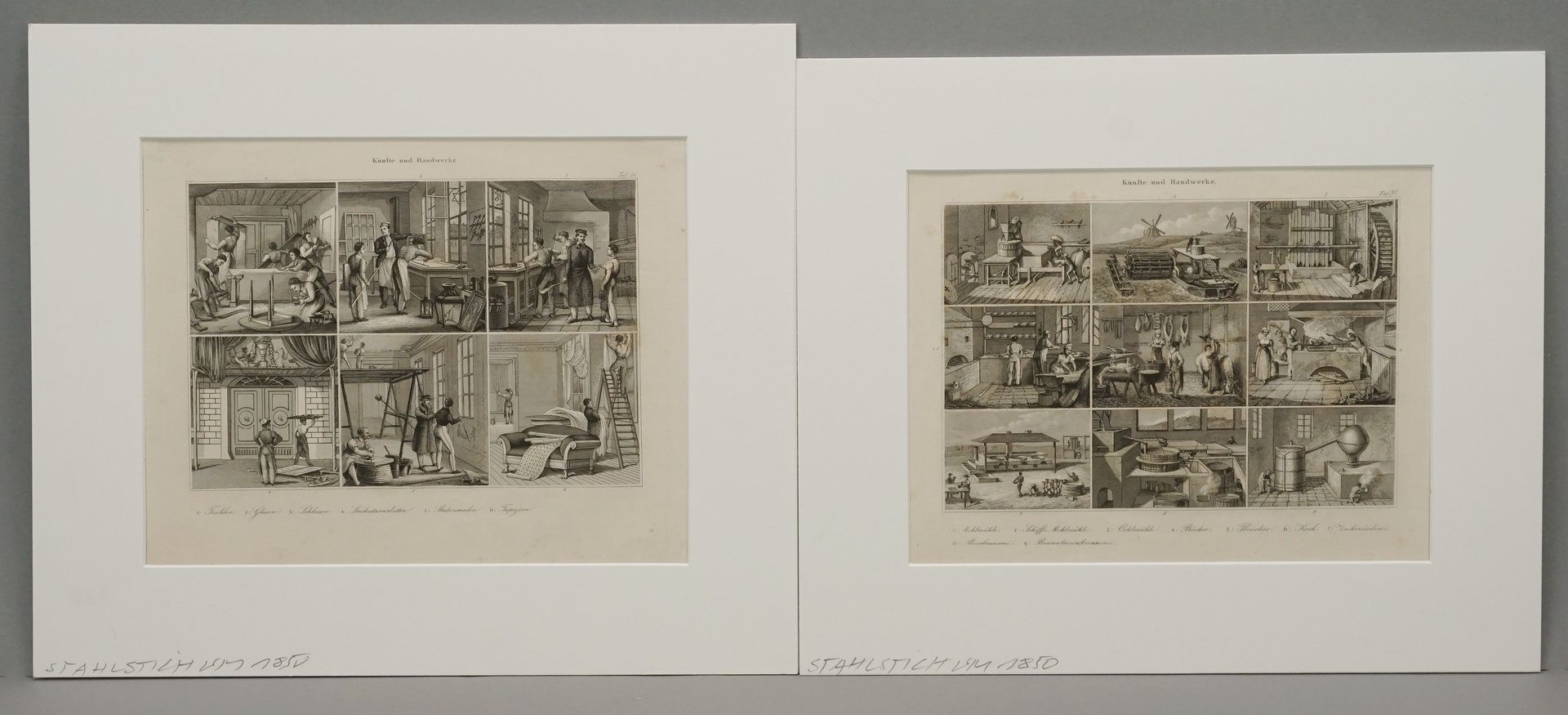 Zwei Stahlstiche, "Künste und Handwerke"Stahlstich/Papier, um 1850, mehrere Teilansichten auf