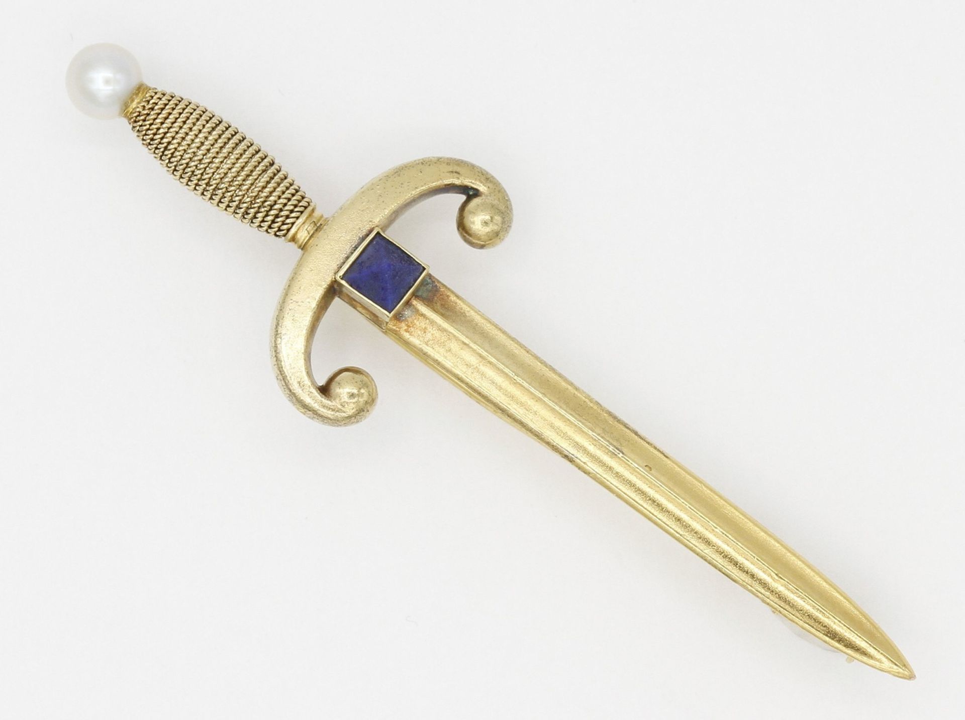 Schwert-Brosche mit Lapis und PerleKlinge 585/- Gelbgold (geprüft), Parierstange und Gefäß 750/-