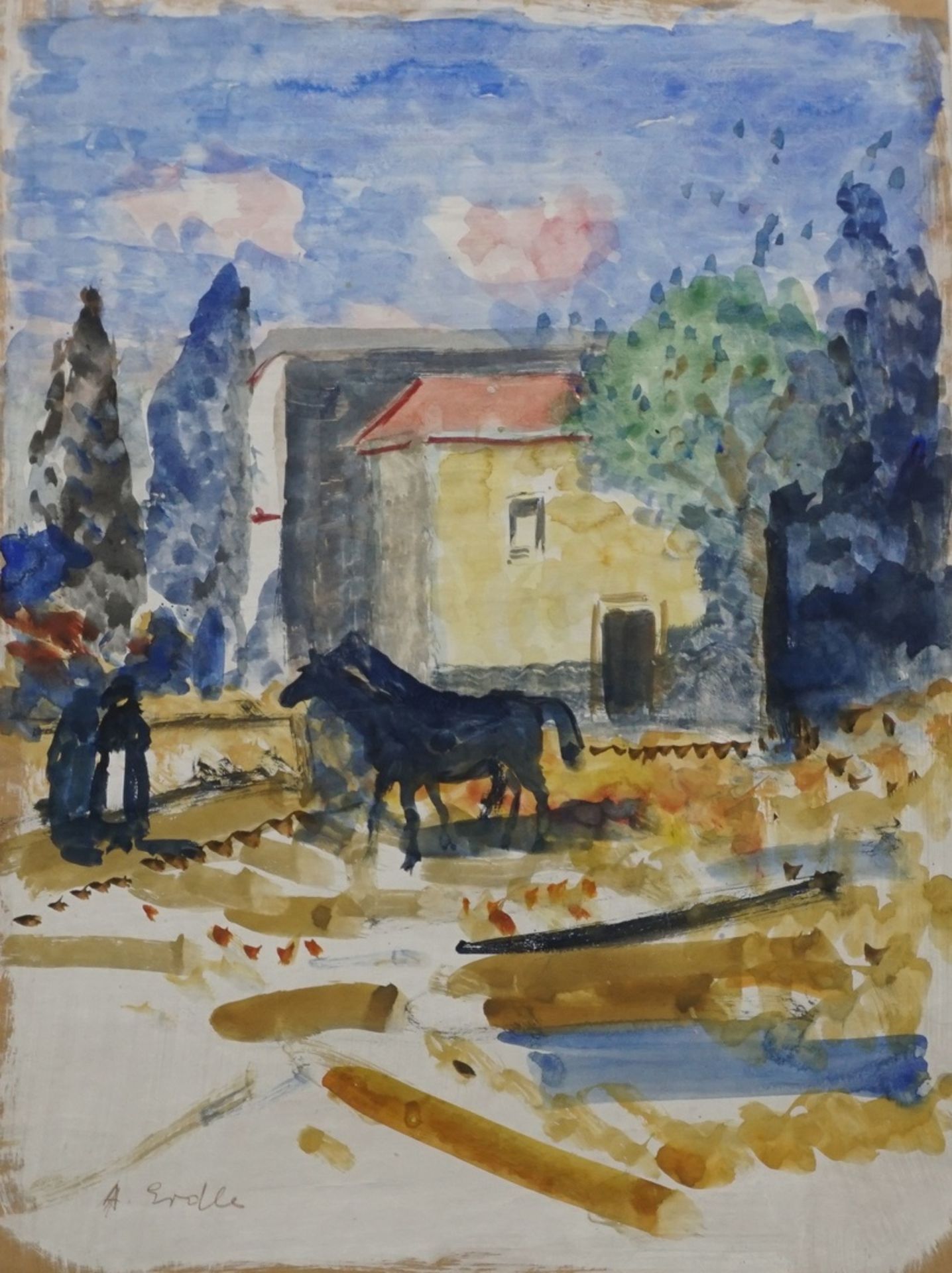 Arthur Erdle, "Dorfansicht mit Pferden"(1889 Köln - 1961 Düsseldorf), Aquarell/Papier, unten links