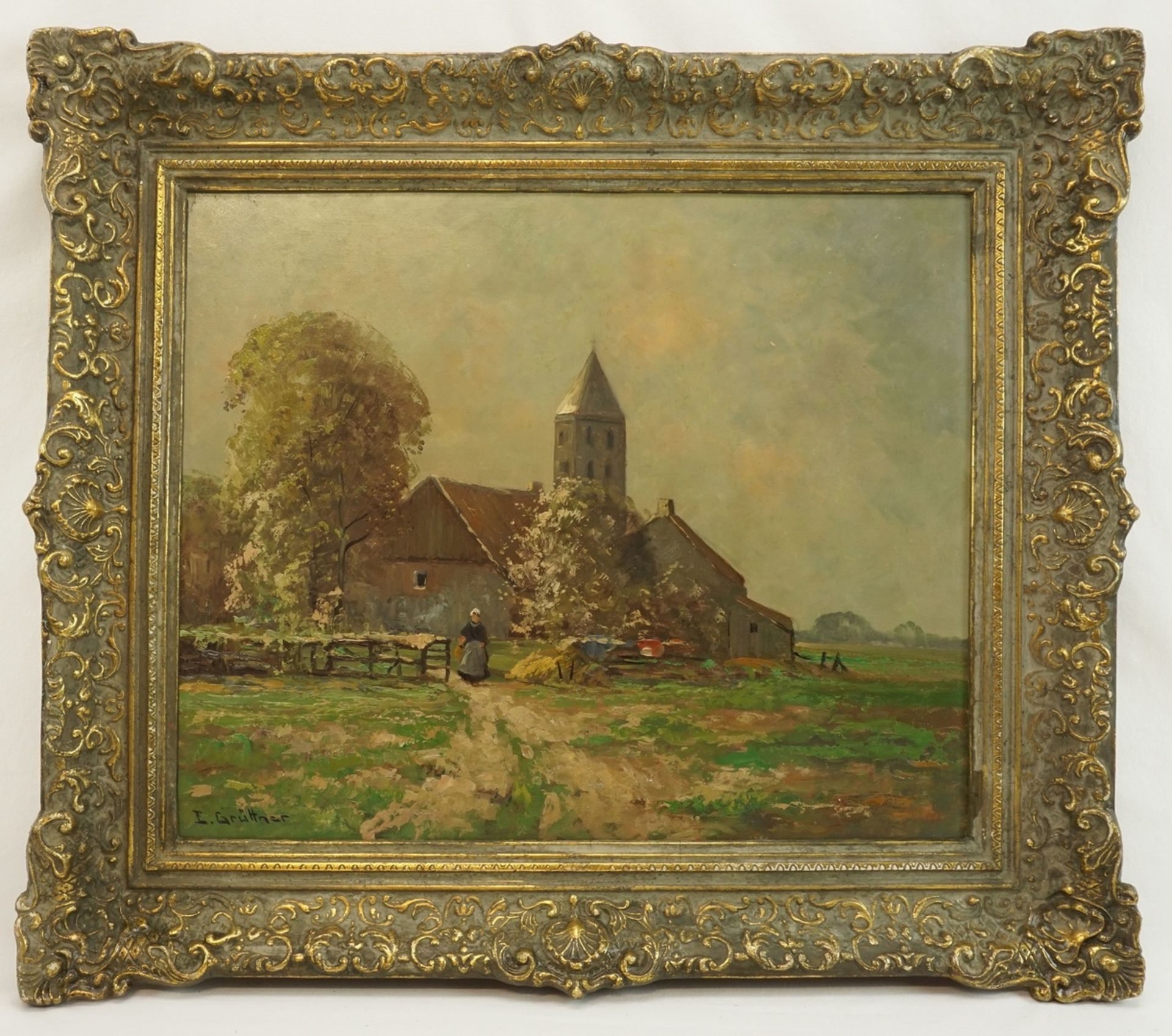 E. Grüttner, "Weiler mit Kirche"Öl/Hartfaser, unten links signiert, guter Zustand, 50 x 60 cm (HxB),