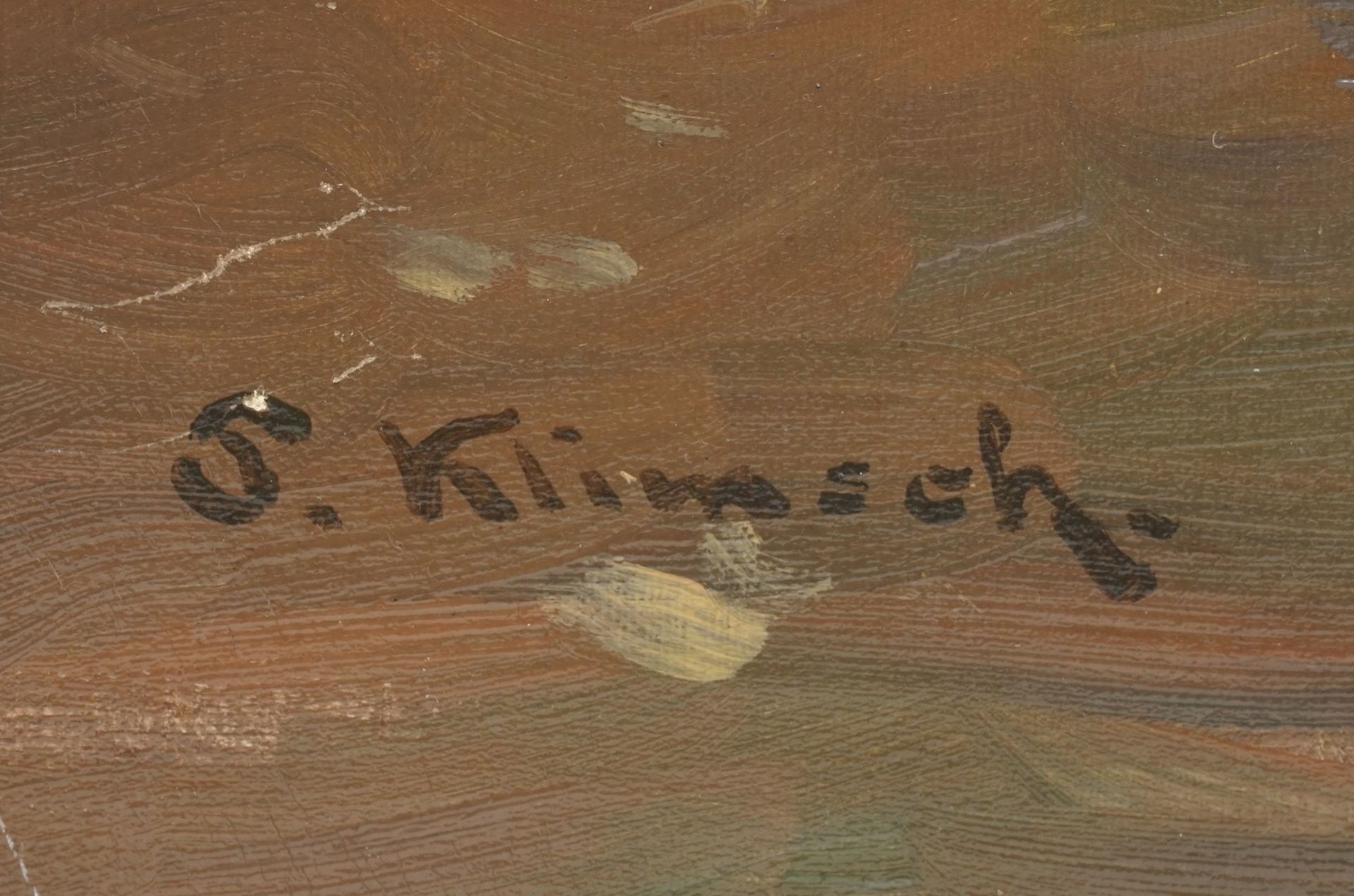 S. Klimsch, "Hühner auf dem Rastplatz"Öl/Leinwand, unten links signiert, leere Tische und Bänke, - Bild 4 aus 4
