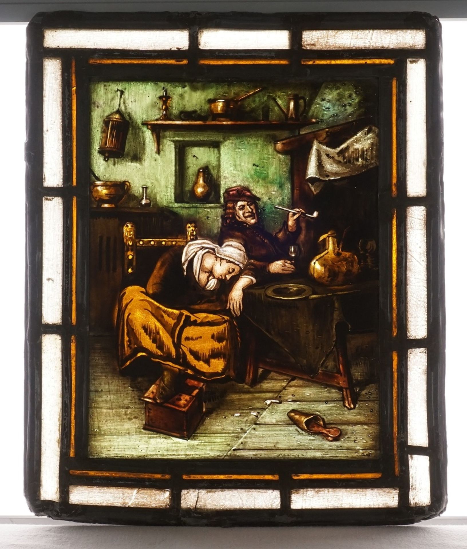Drei bleiverglaste Fensterbilder, 19. Jh.Historismus, Glas, bemalt mit Schwarzlot und Schmelzfarben, - Bild 3 aus 4