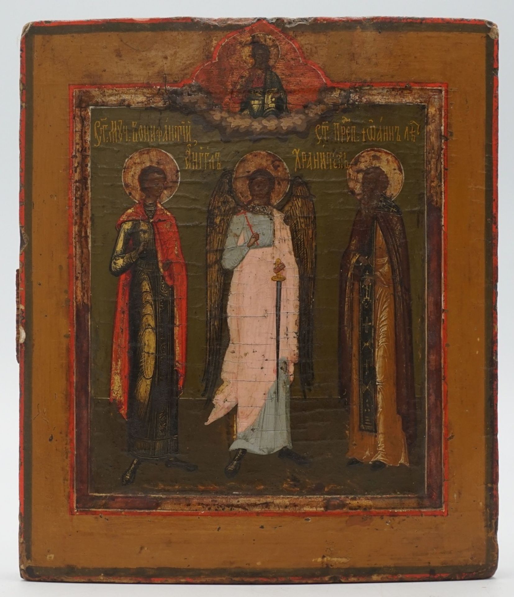 Ikone des Schutzengels mit zwei Heiligen, Russland, um 1820aus einem Holzbrett, ein Sponki,