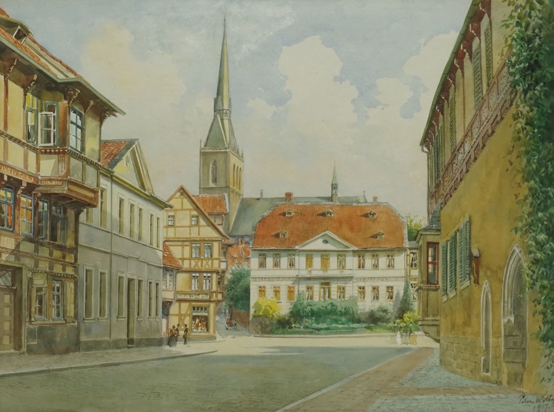 Peter Woltze, "Altstadt von Halberstadt"(1860 Halberstadt - 1925 Weimar), Aquarell/Papier, unten