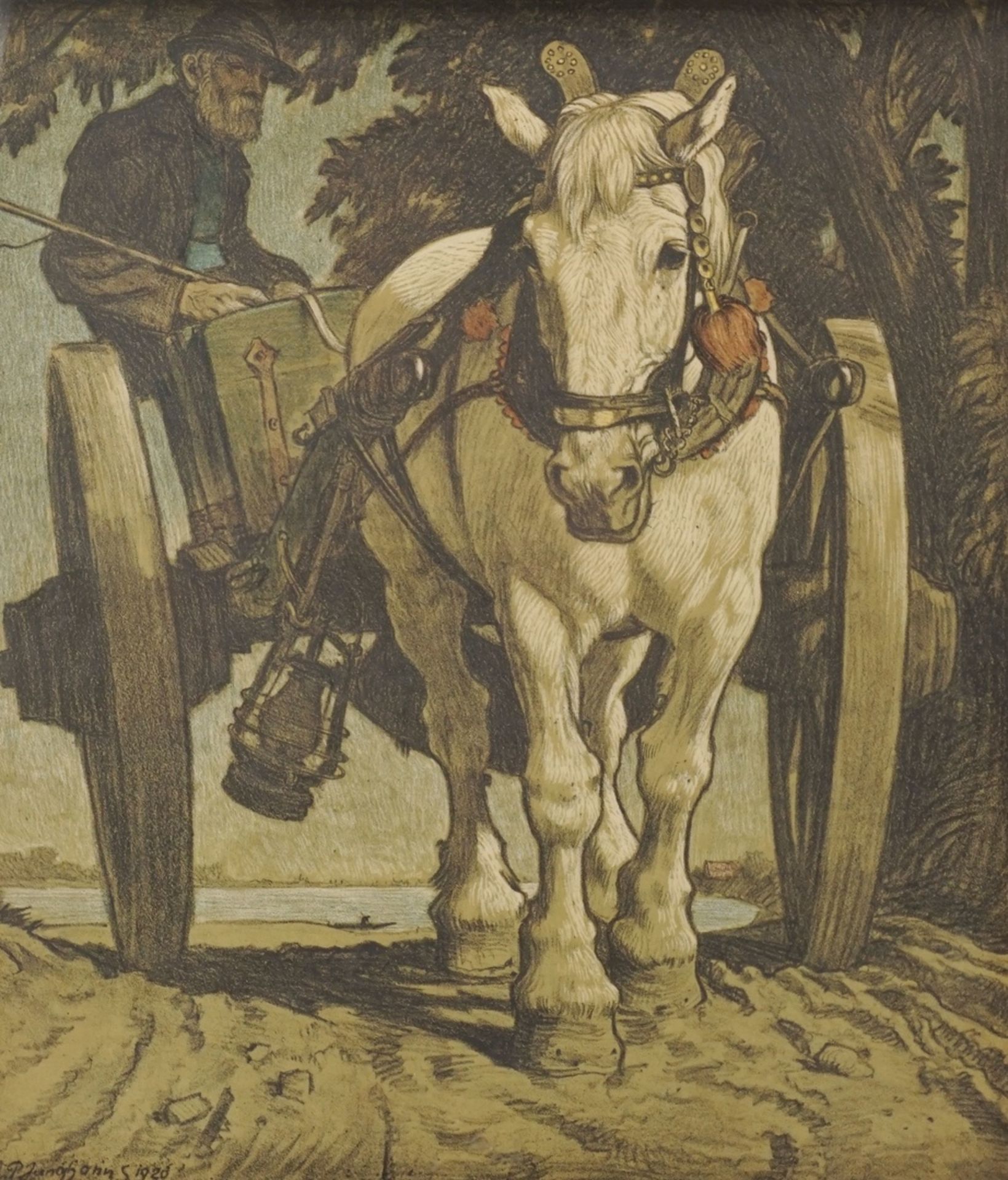 Julius Paul Junghanns, "Bauer auf dem Heimweg"(1876 Wien - 1958 Düsseldorf), Lithografie/Papier,