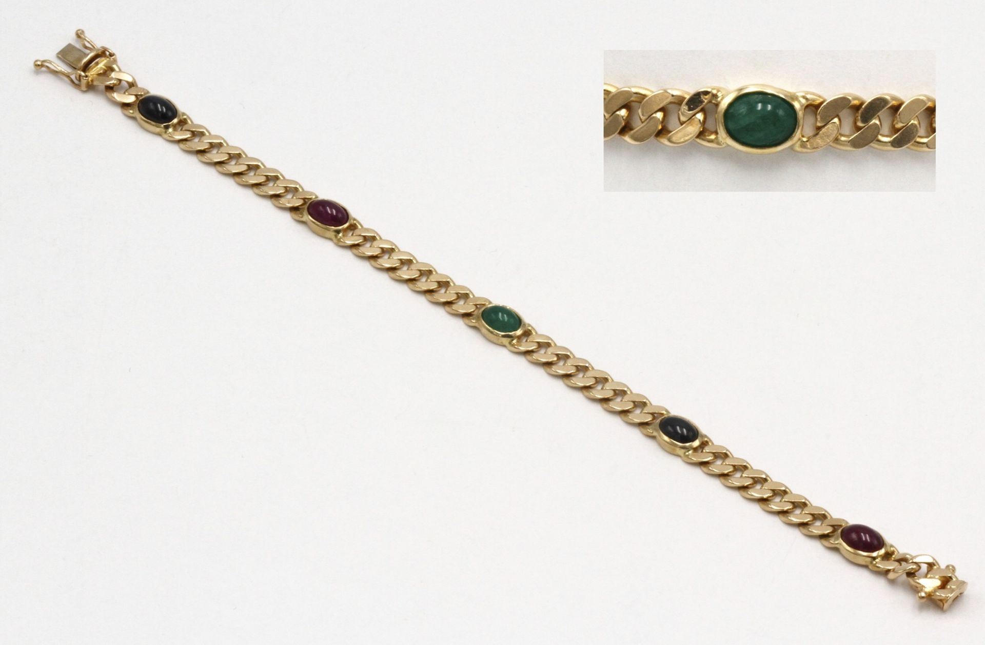 Armband mit Saphir, Rubin und Smaragd585/- Gelbgold, zwei ca. 1,3 ct Saphire, zwei ca. 1,3 ct
