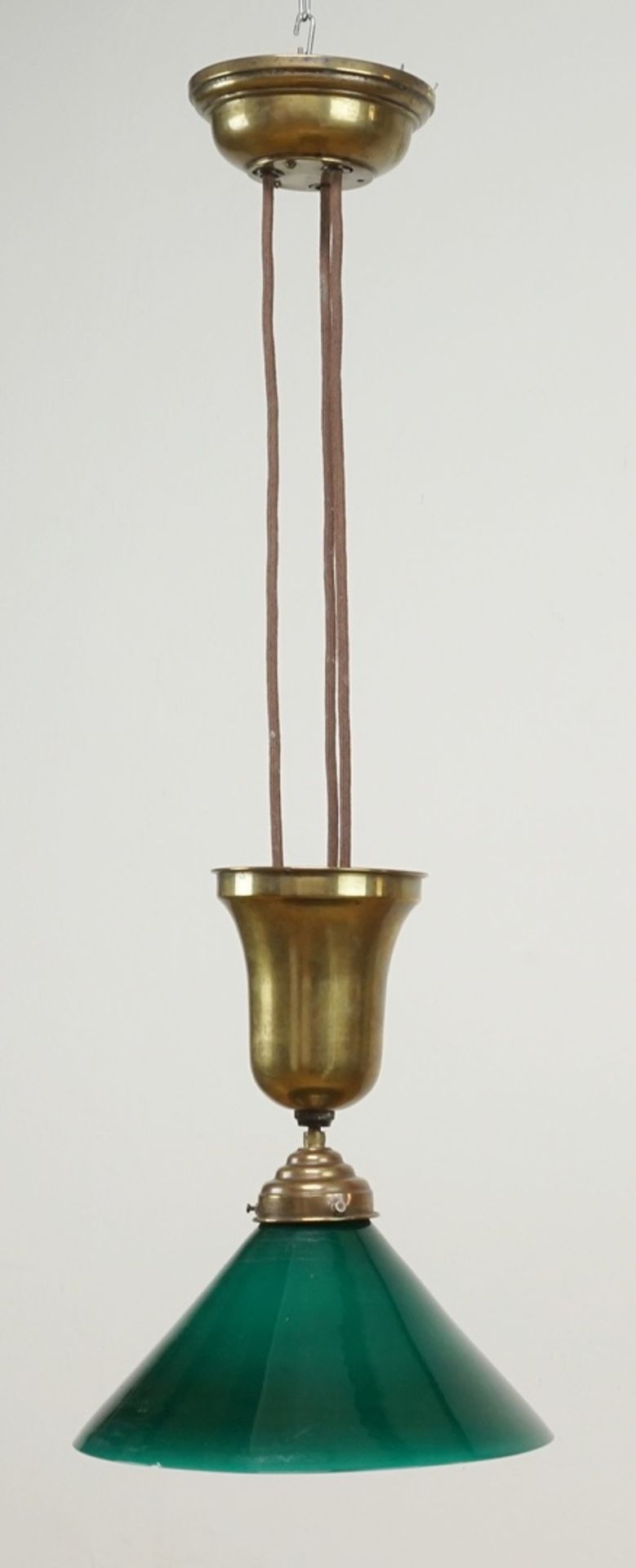 Zuglampe / Deckenlampe, um 1920Beschriftung "D.R.P. System aus den Ruthen", Nr. 304, Lampenschirm