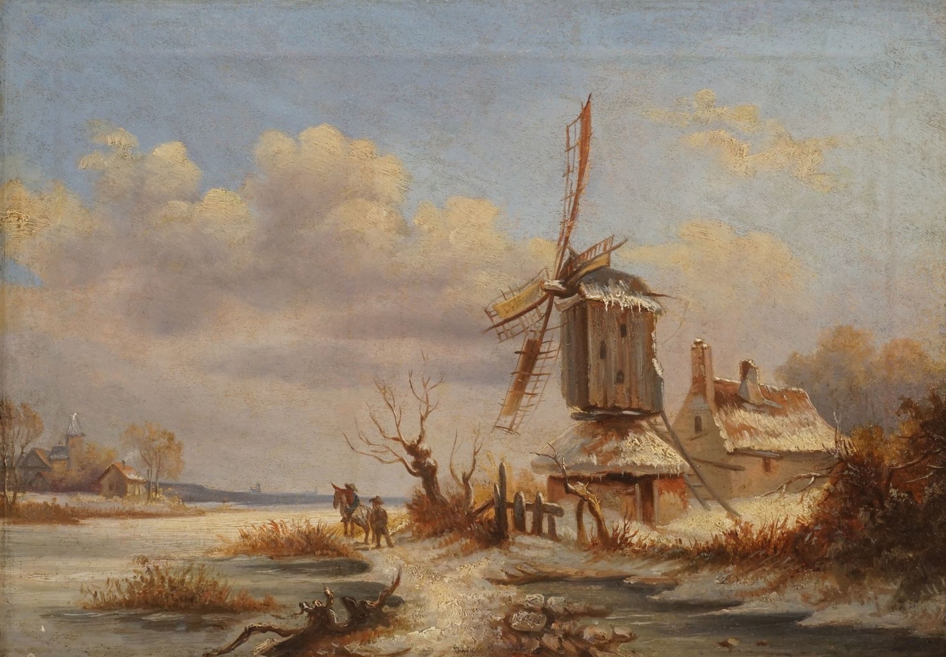 Unbekannter Maler, "Holländische Winterlandschaft"Öl/Leinwand, unsigniert, Windmühle im Winter,