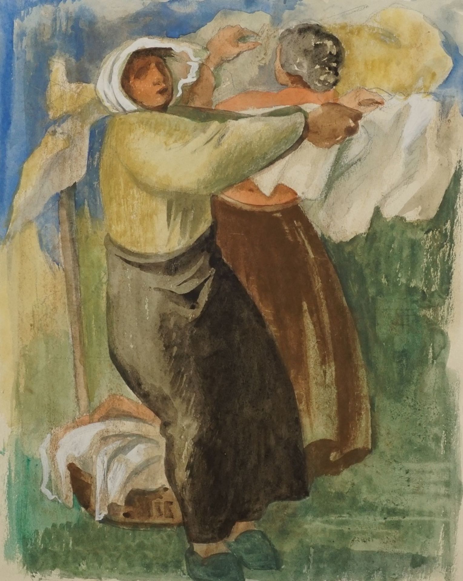 Richard Schwarzkopf, "Frauen beim Wäsche aufhängen"(1893 Bonn - 1963 Düsseldorf), Aquarell/Arches,