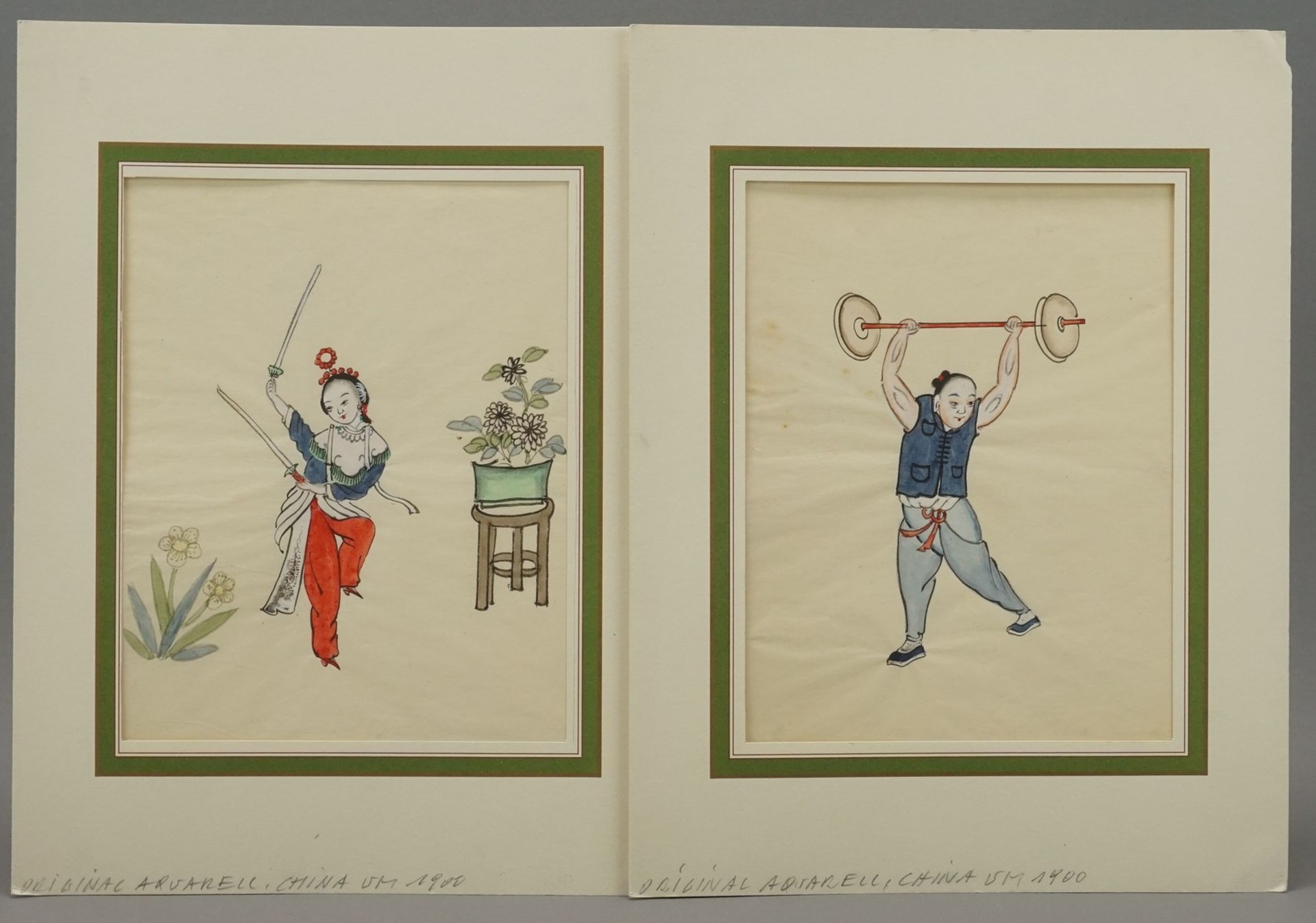 Zwei chinesische Artisten, um 1900Aquarell auf Papier zwei Blätter, junge Frau mit Schwertern,