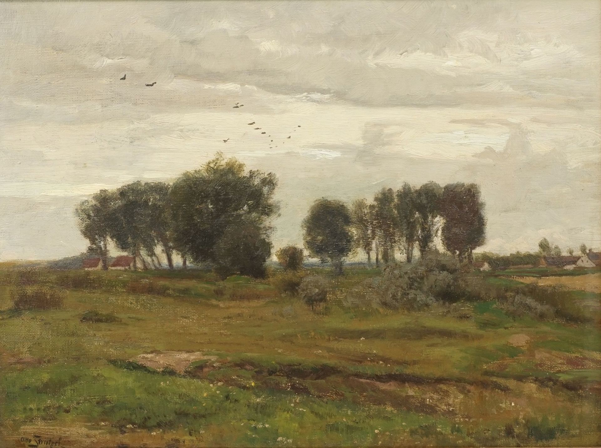 Leopold Otto Strützel, "Landschaft mit Gehöften"(1855 Dessau - 1930 München), Öl/Leinwand, unten