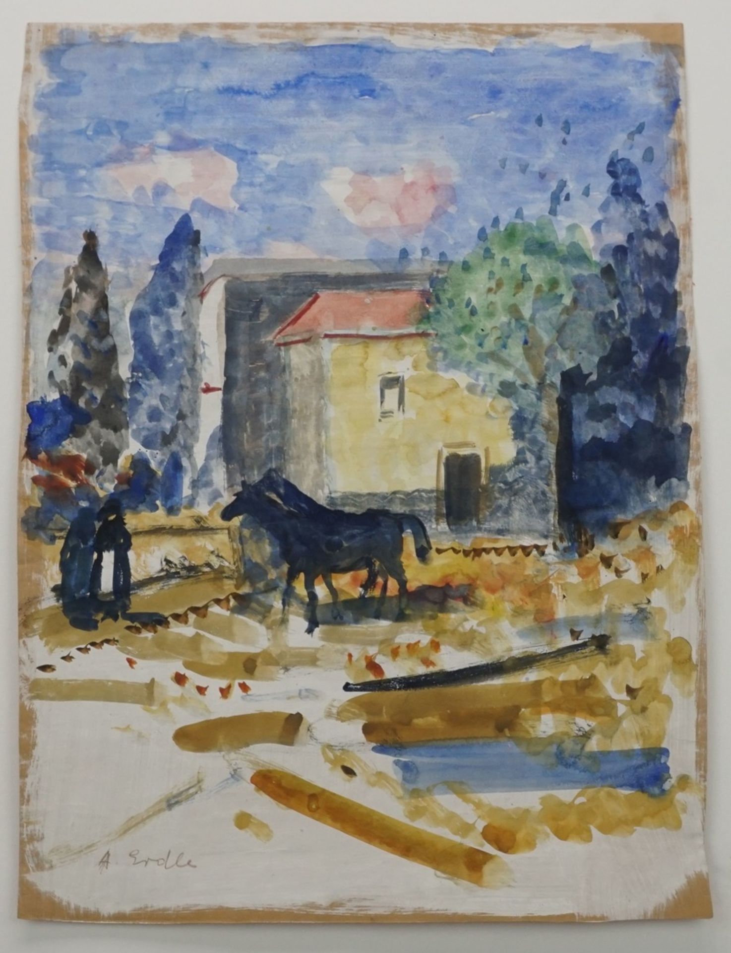 Arthur Erdle, "Dorfansicht mit Pferden"(1889 Köln - 1961 Düsseldorf), Aquarell/Papier, unten links - Image 3 of 4