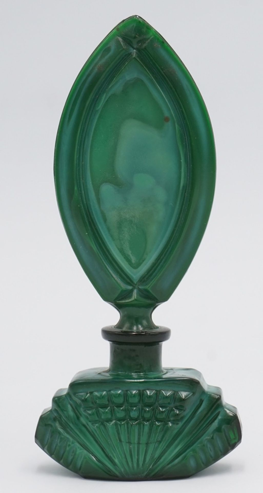 Malachitglas Flakon, 20. Jh.Art Déco, Pressglas, Korpus mit Rippenmuster leicht gewölbt, großer - Bild 2 aus 2
