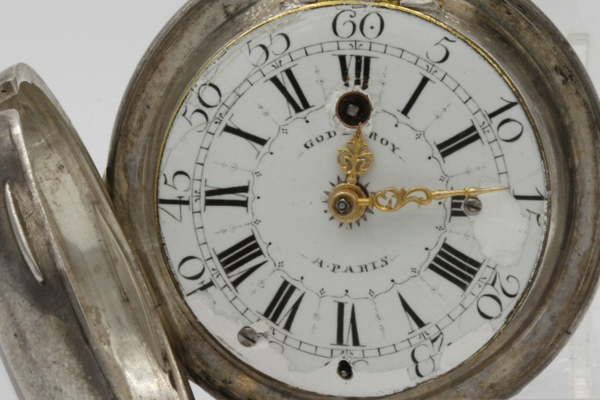 Godefroy, Paris Spindeltaschenuhr mit 1/4-Stunden-Repetition, um 1760Gehäuse Silber, Uhrwerk - Image 2 of 6