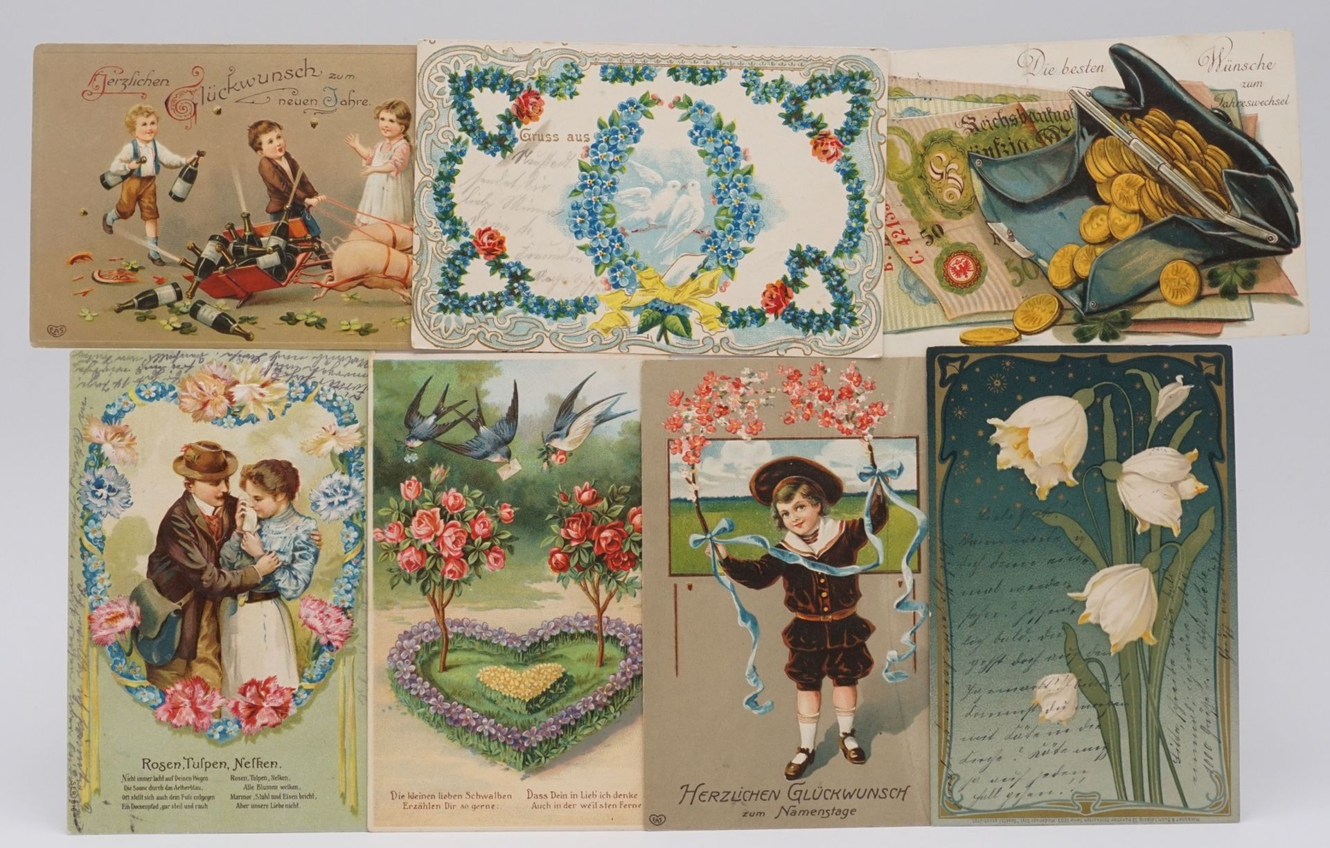 48 Gruß- und Glückwunschkarten, um 1900Lithografie- und Prägekarten im Steckalbum, unter anderem zum - Image 4 of 4