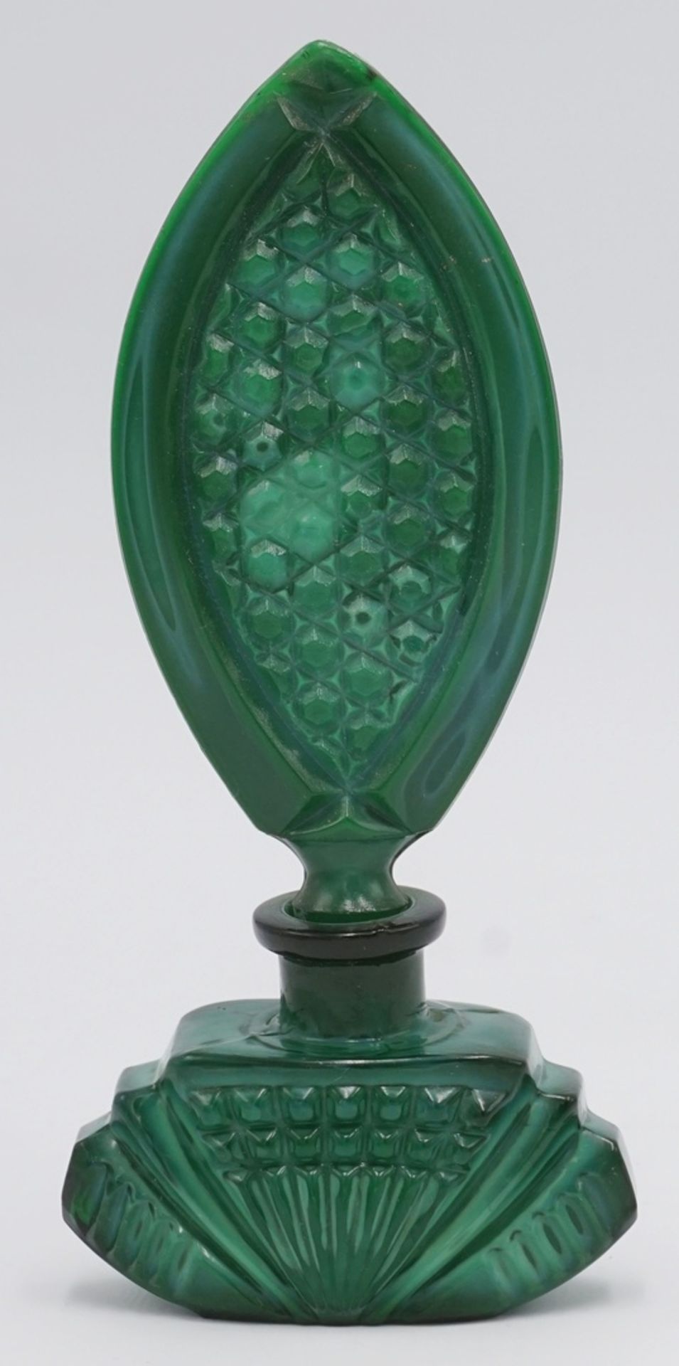 Malachitglas Flakon, 20. Jh.Art Déco, Pressglas, Korpus mit Rippenmuster leicht gewölbt, großer