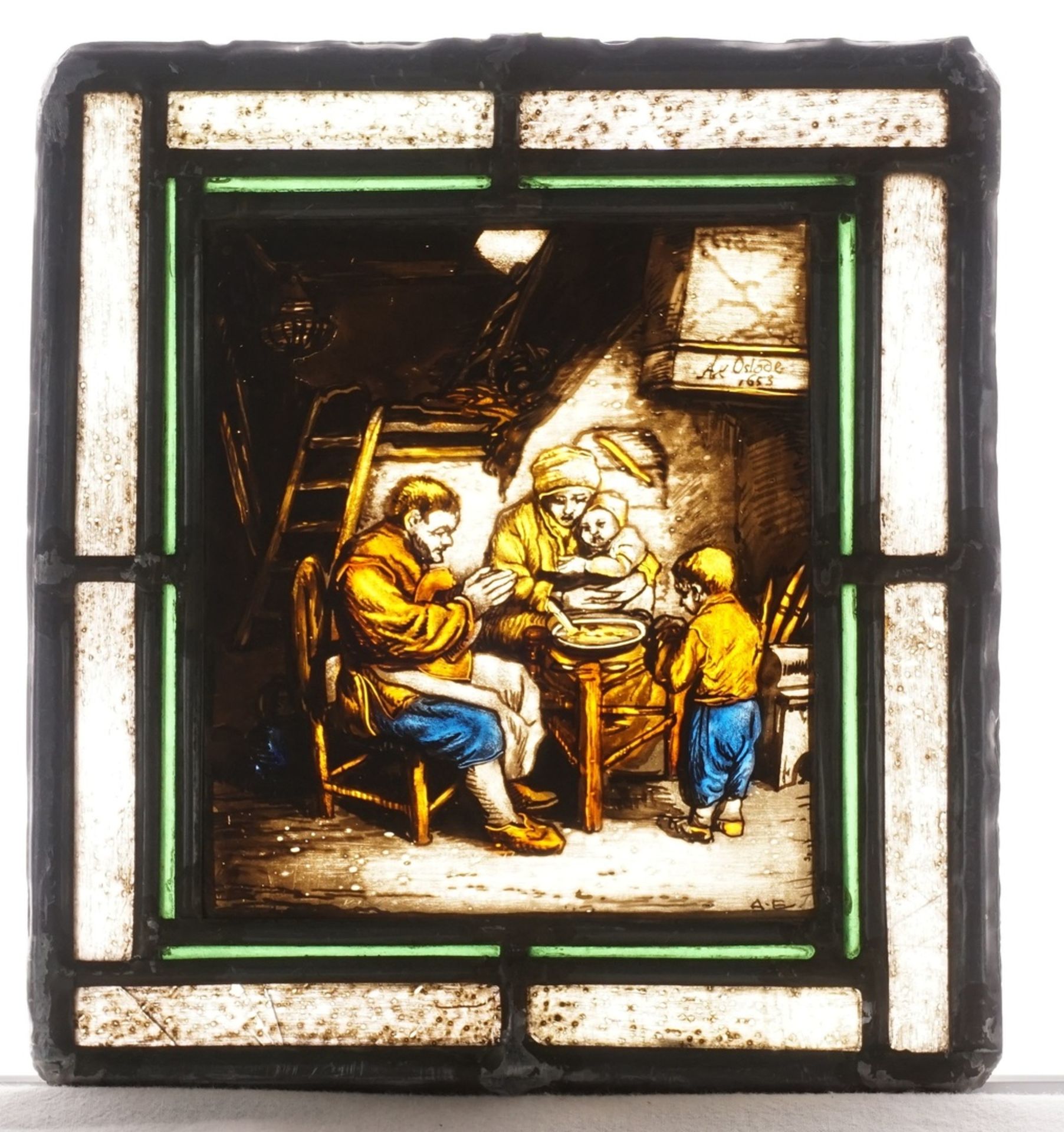 Drei bleiverglaste Fensterbilder, 19. Jh.Historismus, Glas, bemalt mit Schwarzlot und Schmelzfarben, - Bild 2 aus 4