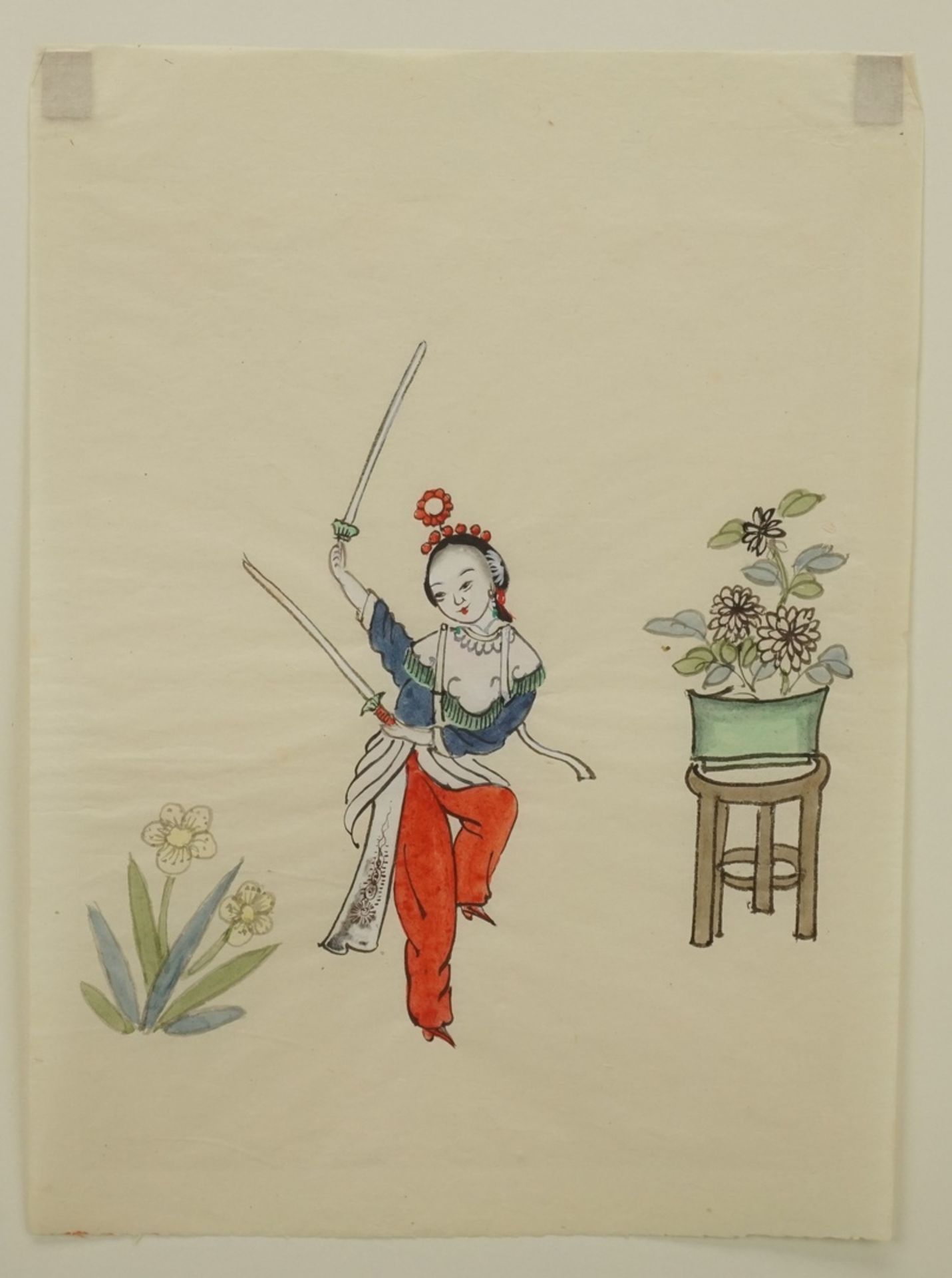 Zwei chinesische Artisten, um 1900Aquarell auf Papier zwei Blätter, junge Frau mit Schwertern, - Bild 2 aus 3