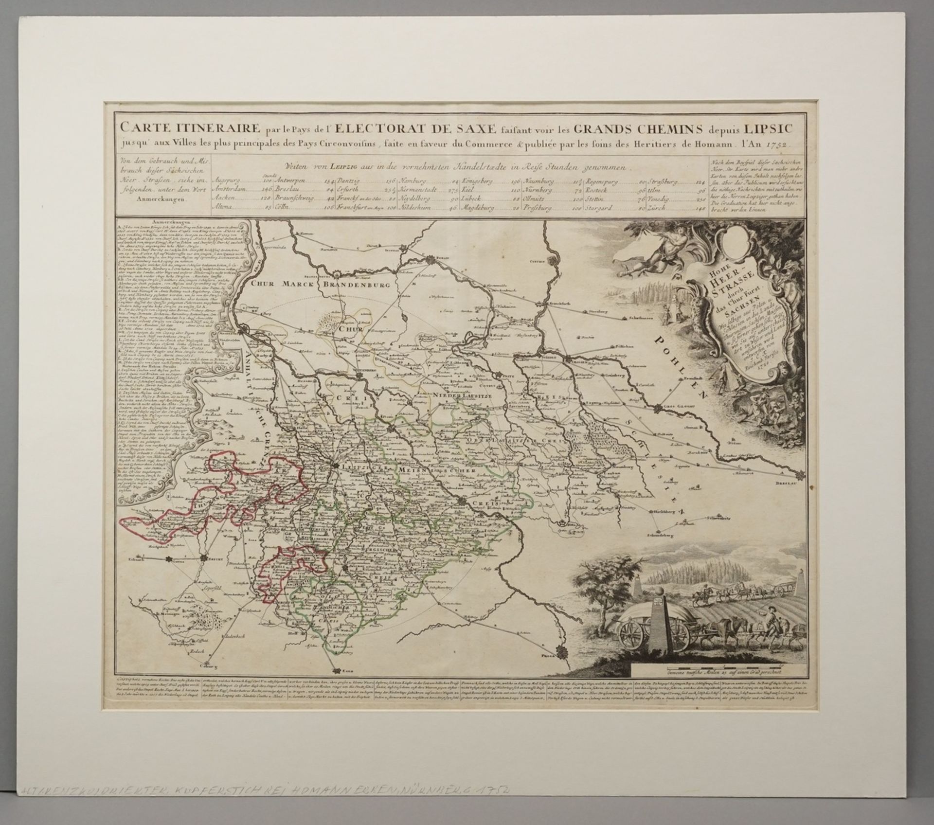 Strassenkarte Sachsenaltgrenzkolorierter Kupferstich/Büttenpapier, datiert 1752, mit den - Image 2 of 3