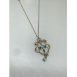 9ct gold pearl and blue stone pendant and chain