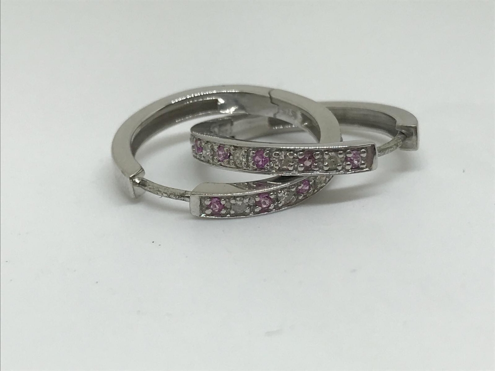 9ct gold pink sapphire and diamond hoop earrings - Image 2 of 2