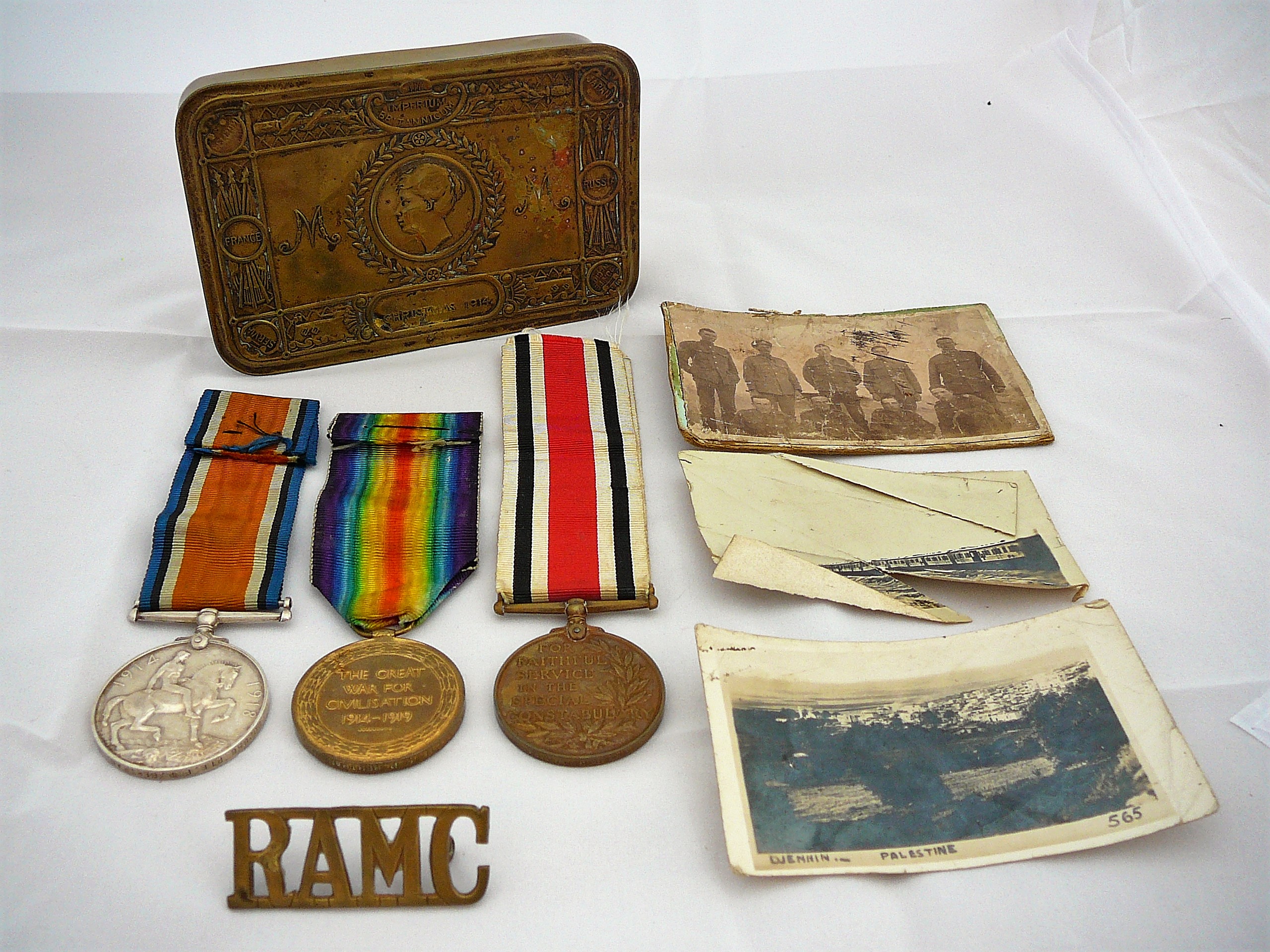 WW1 medal group and Christmas ration tin