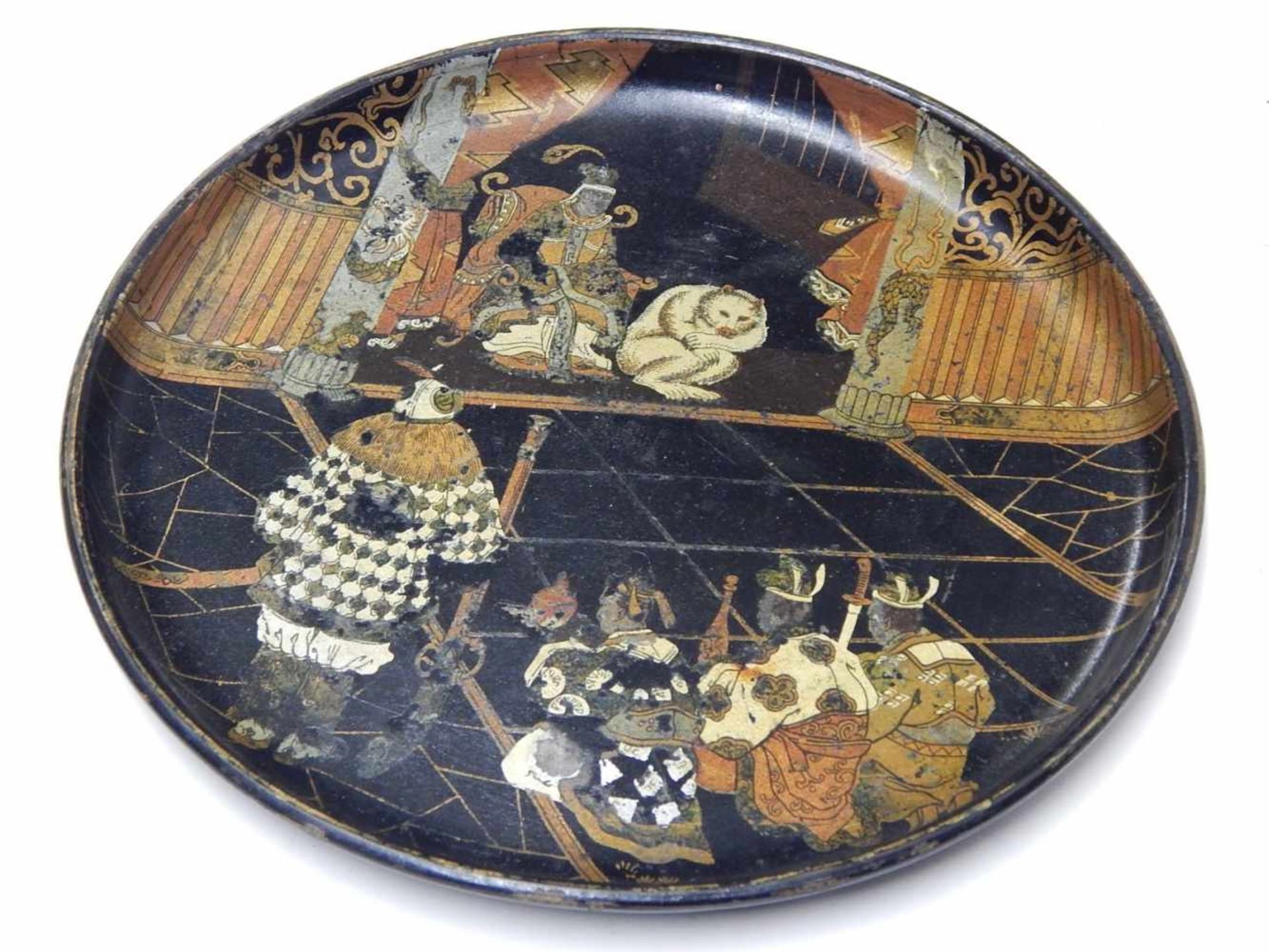 Rundes Tablett, Lackarbeit mit Darstellung einer königlichen Audienz, Durchmesser ca.20, 5cm