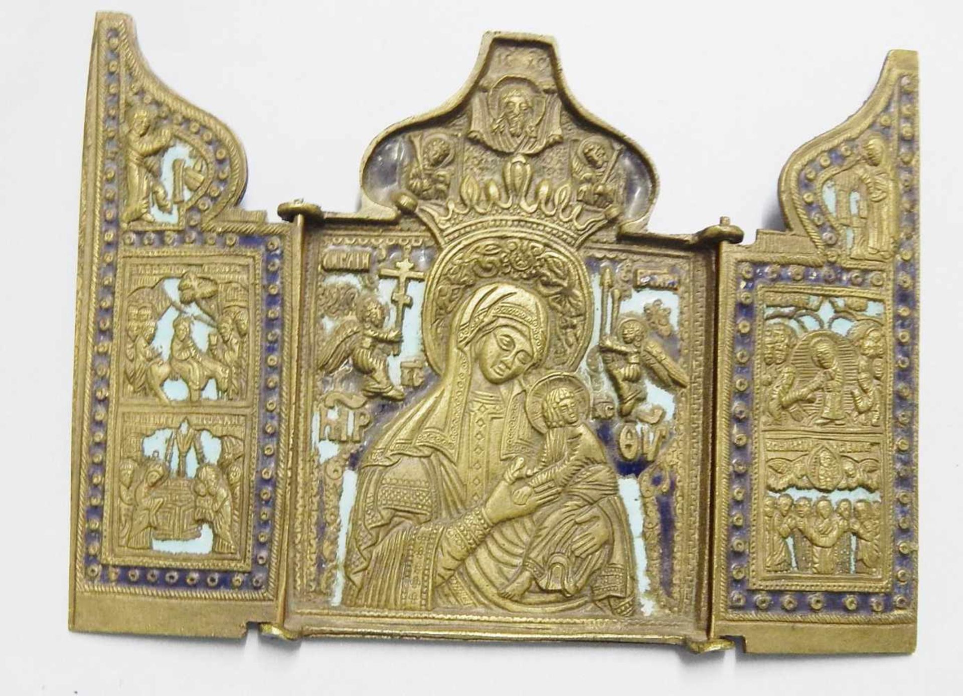 Reiseikone mit 3 Tafelbilder, Bronze mit Emaillereste, Russland, 19./20.Jahrhundert, ca.8, 7x11, 5