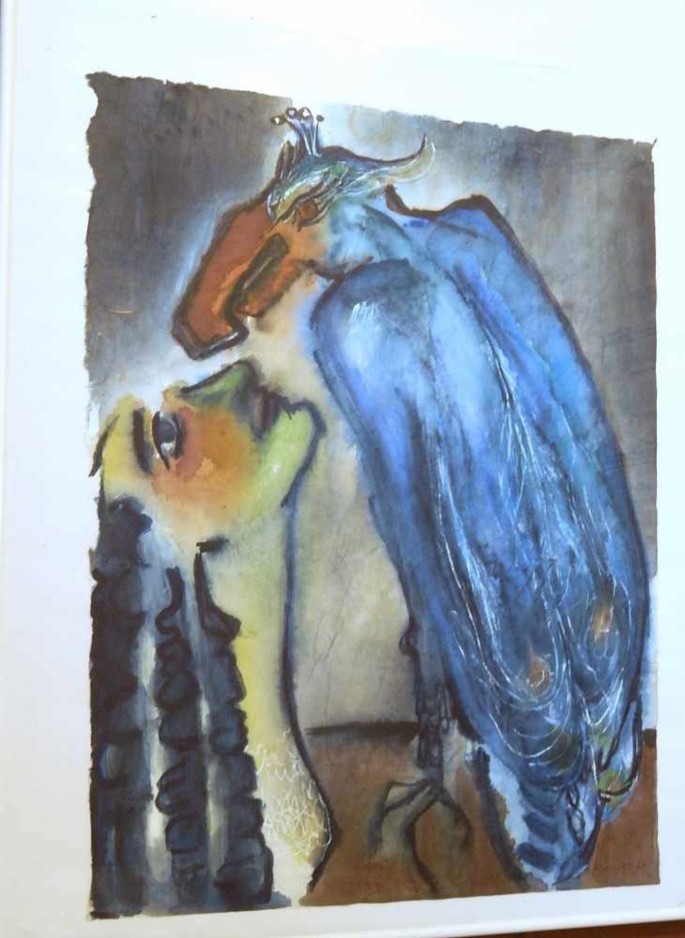 Magrit Hefft(1943)"Geier mit Flehender", Batikarbeit, signiert und datiert 1968, ca.61x48, 5cm