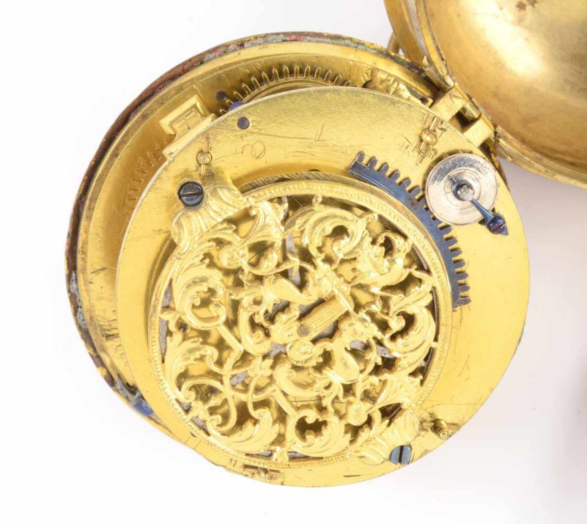 TASCHENUHR (ZWIEBEL)FrankreichEnde 17. Jh.Taschenuhr mit Gehäuse aus vergoldeter Bronze mit feinem - Bild 3 aus 7