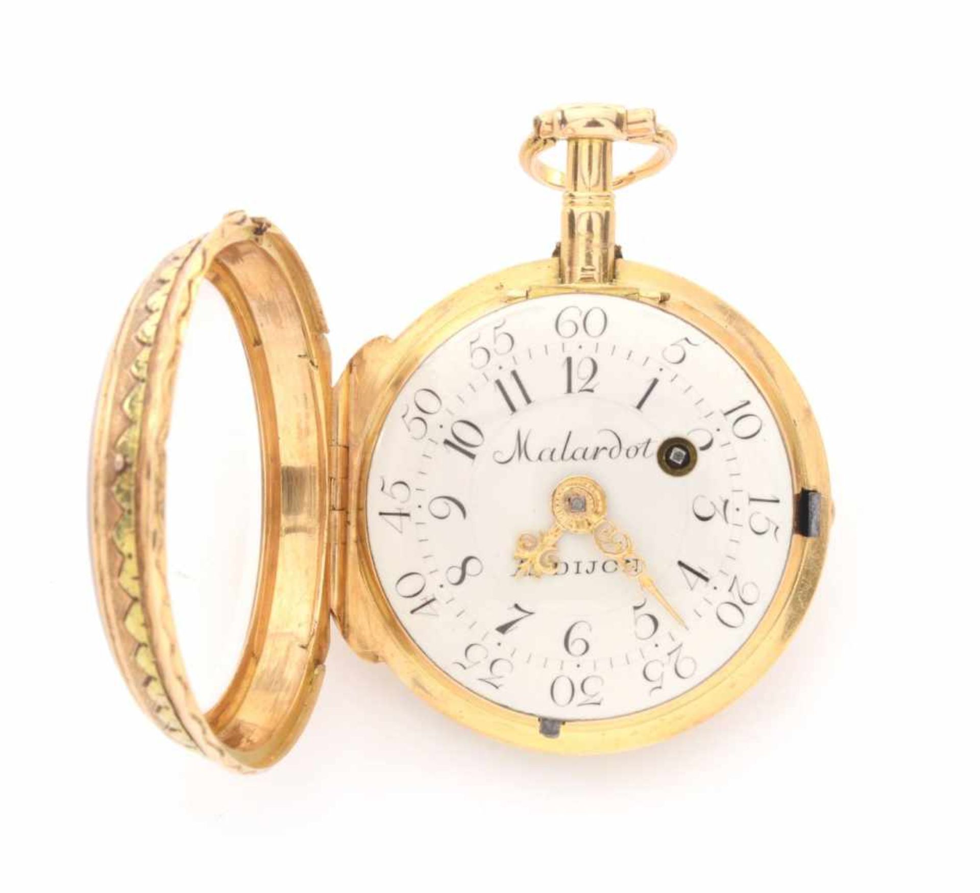 GOLDENE TASCHENUHRFrankreich, Dijon, Malardot1770sDamentaschenuhr im Goldgehäuse, inkrustiert und - Bild 3 aus 5