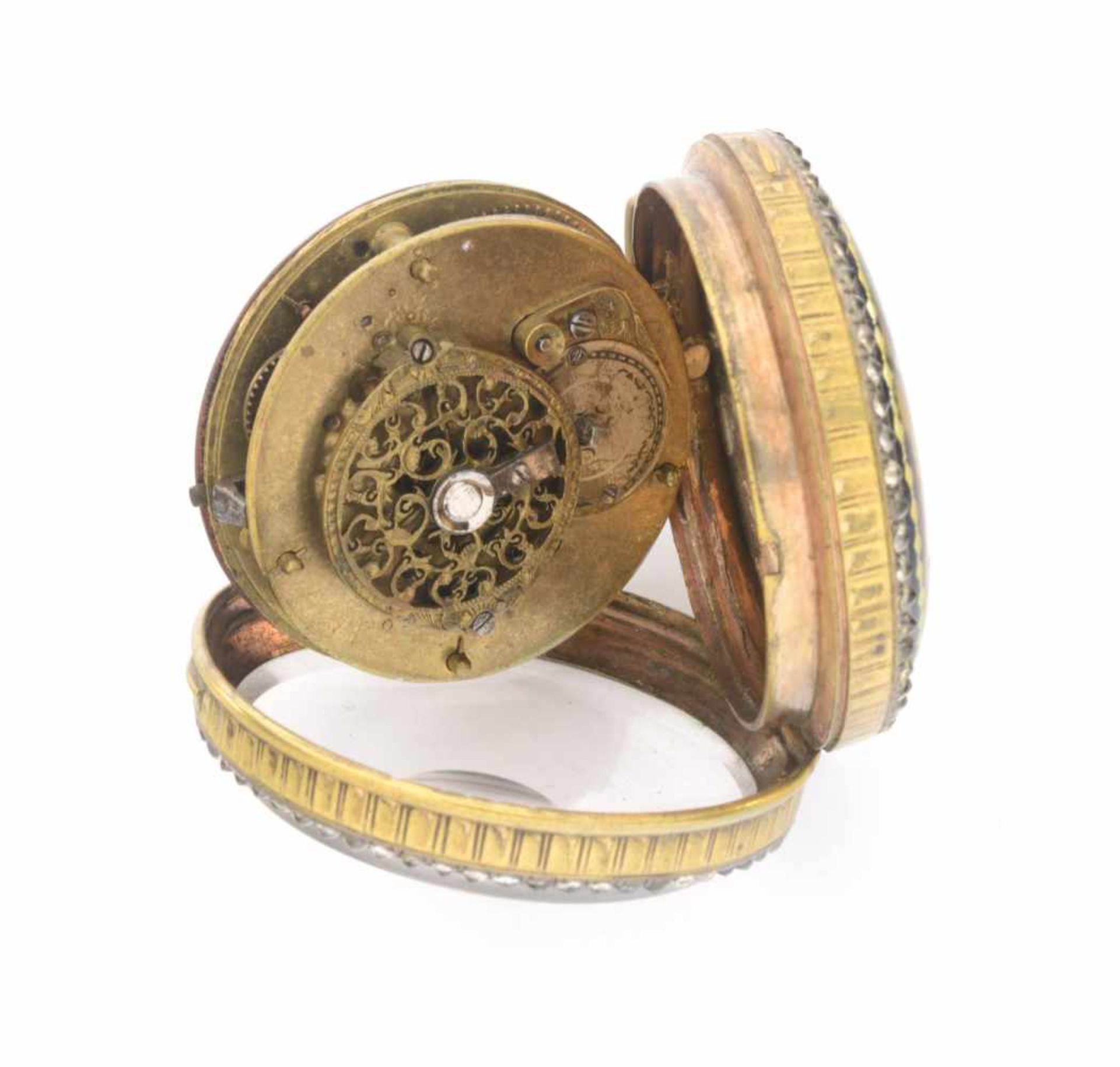 TASCHENUHR1. Hälfte 19. Jh.Taschenuhr mit vergoldetem Bronzegehäuse, am Umfang mit Diamanten und - Bild 3 aus 5