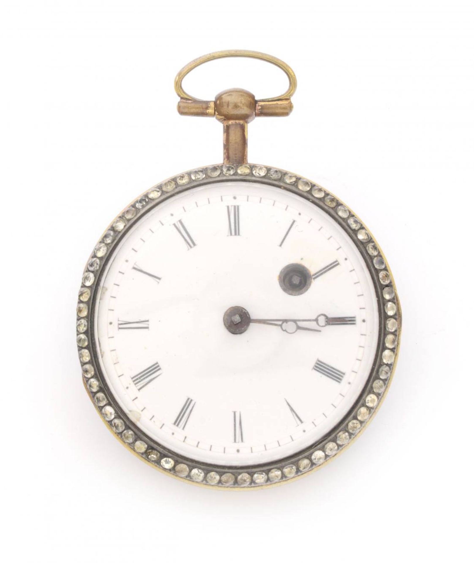 TASCHENUHR1. Hälfte 19. Jh.Taschenuhr mit vergoldetem Bronzegehäuse, am Umfang mit Diamanten und - Bild 5 aus 5