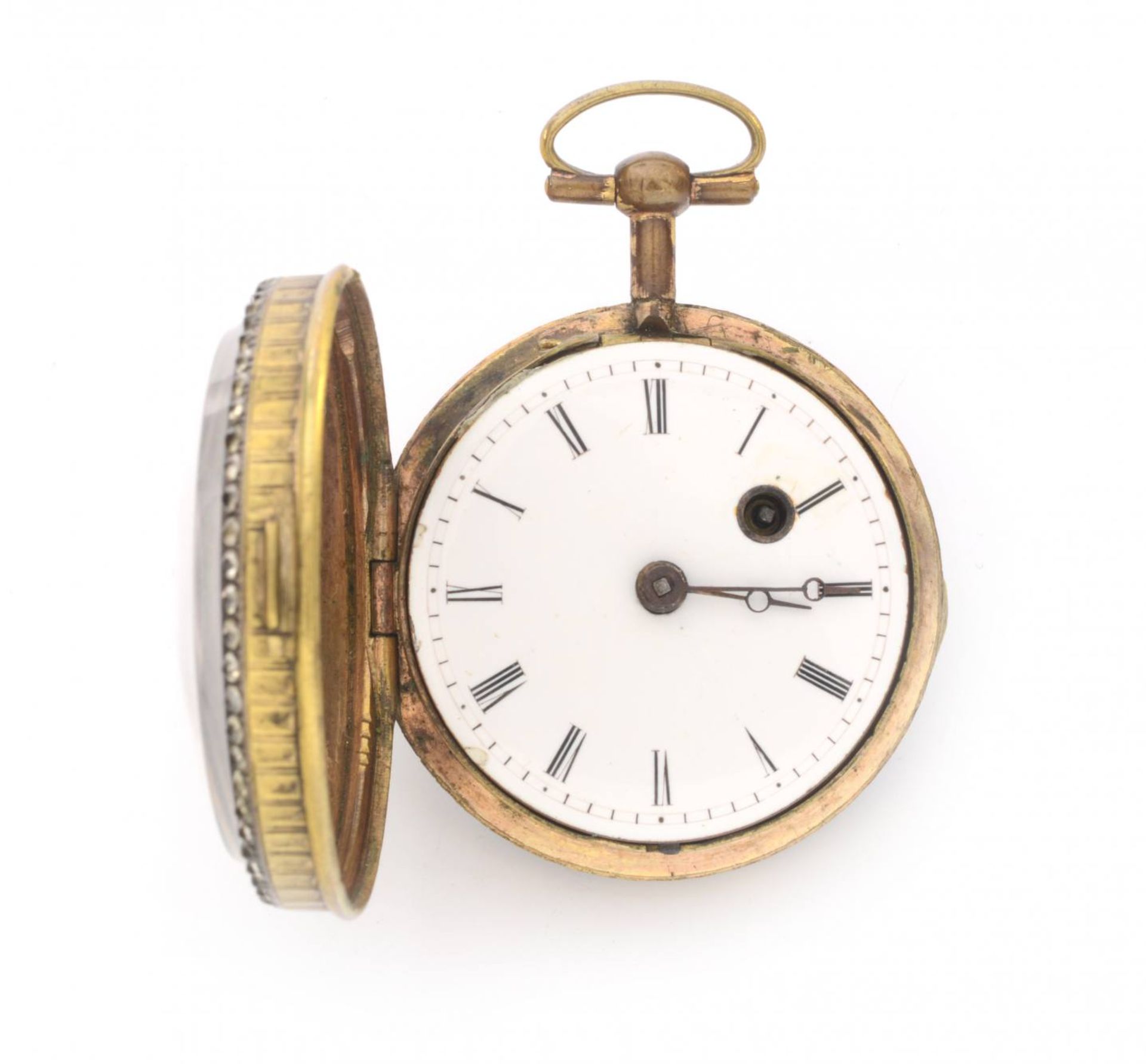 TASCHENUHR1. Hälfte 19. Jh.Taschenuhr mit vergoldetem Bronzegehäuse, am Umfang mit Diamanten und - Bild 2 aus 5