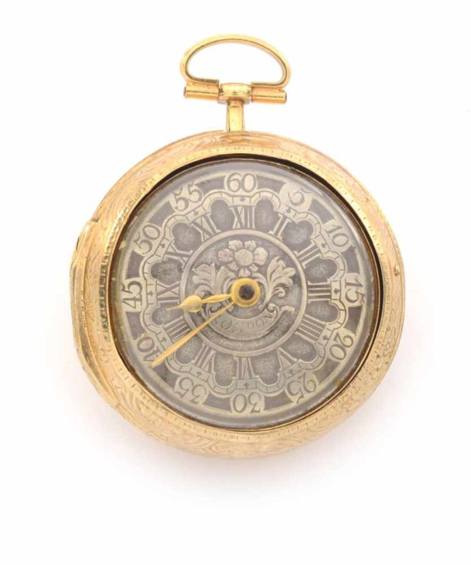 SILBERNE TASCHENUHR MIT ÜBERGEHÄUSE1788Silberne Taschenuhr, vergoldet, Repoussée-Übergehäuse mit - Bild 2 aus 6