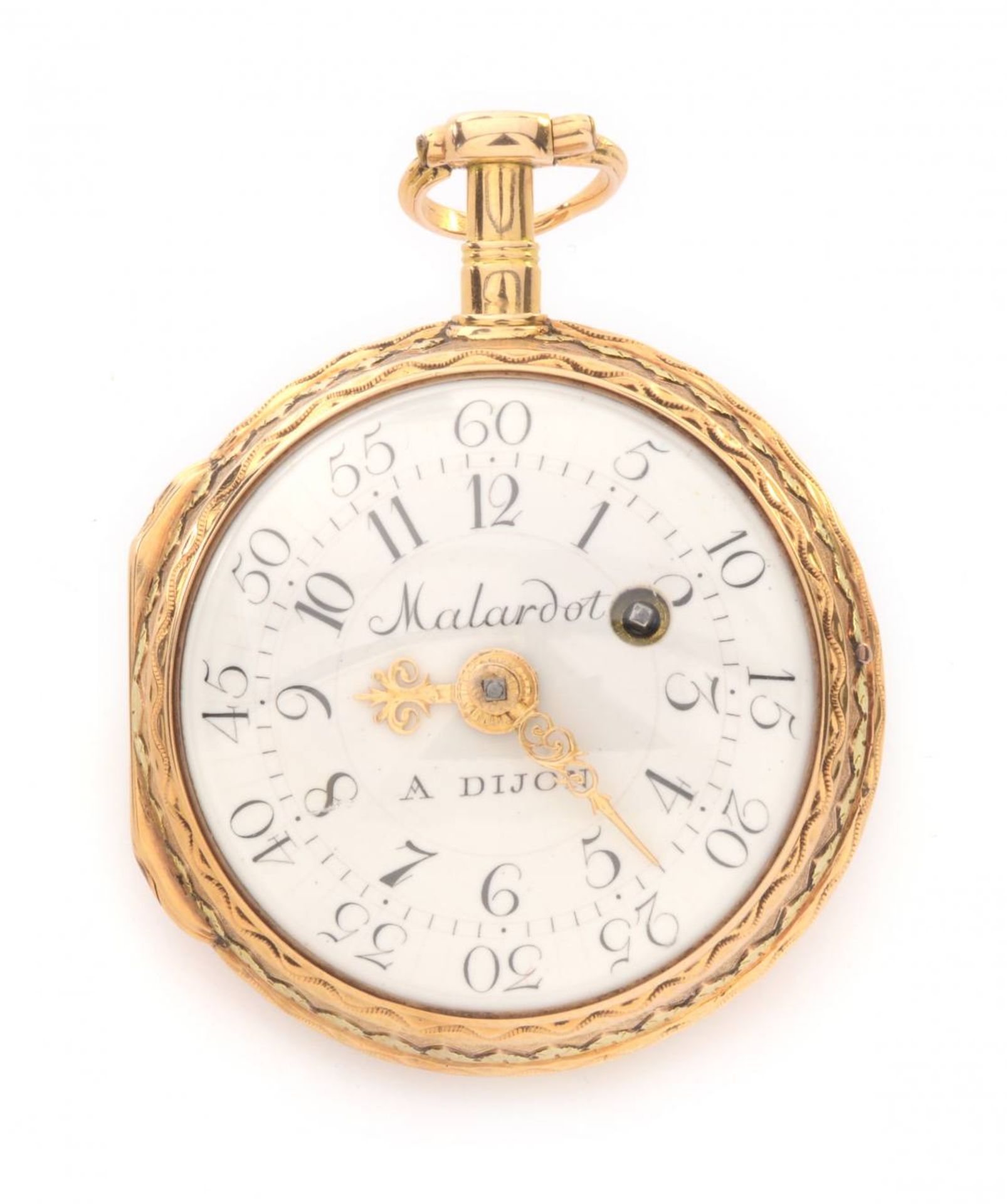 GOLDENE TASCHENUHRFrankreich, Dijon, Malardot1770sDamentaschenuhr im Goldgehäuse, inkrustiert und