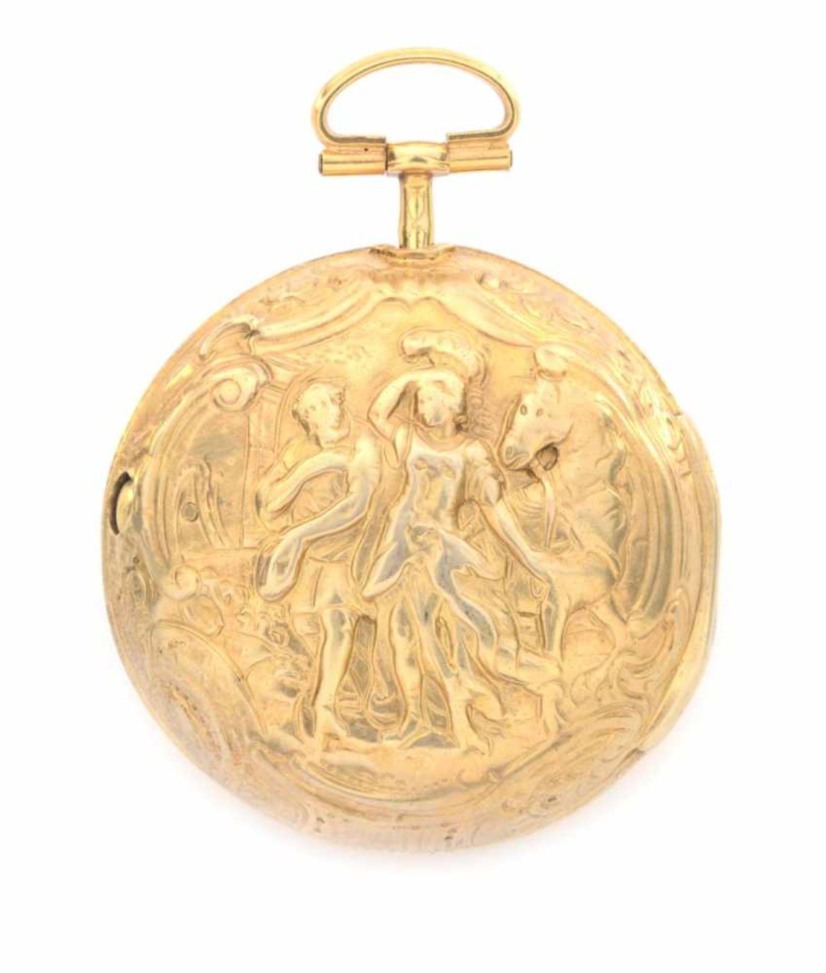 SILBERNE TASCHENUHR MIT ÜBERGEHÄUSE1788Silberne Taschenuhr, vergoldet, Repoussée-Übergehäuse mit