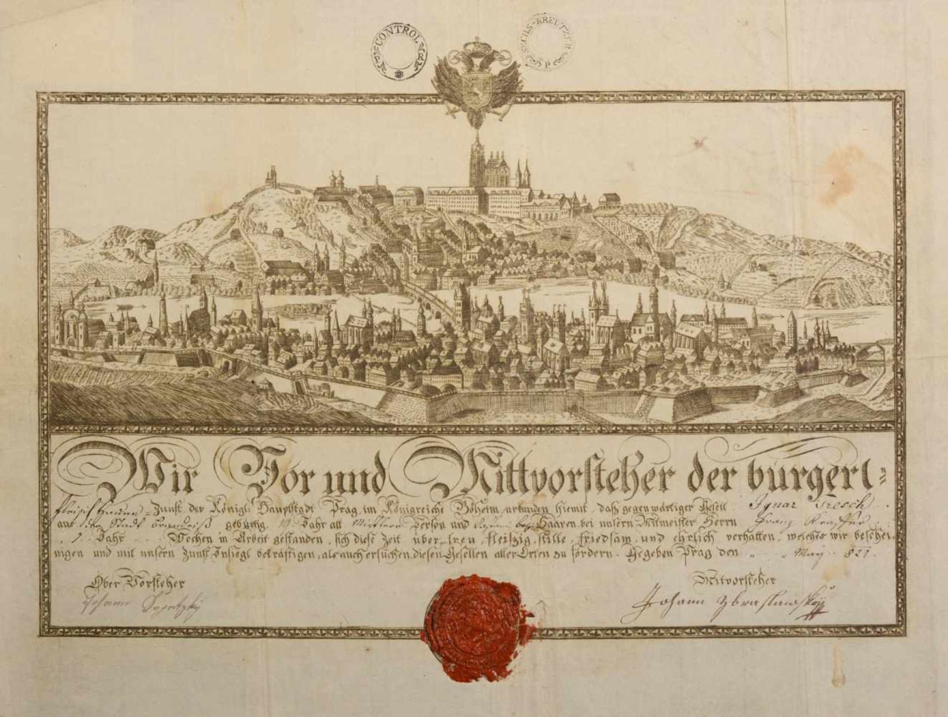 CERTIFICATE OF APPRENTICESHIP OF BUTCHER`S GUILT WITH A VIEW OF PRAGUE