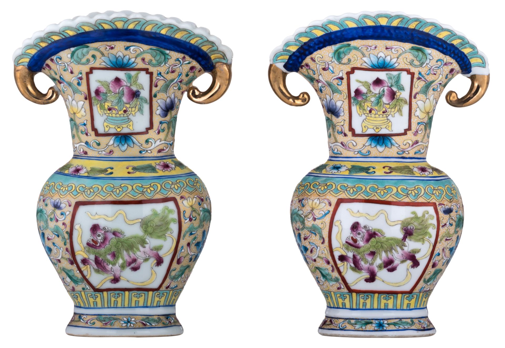 A pair of Chinese porcelain vases with polychrome enamels, decorated with flower scrolls and panels