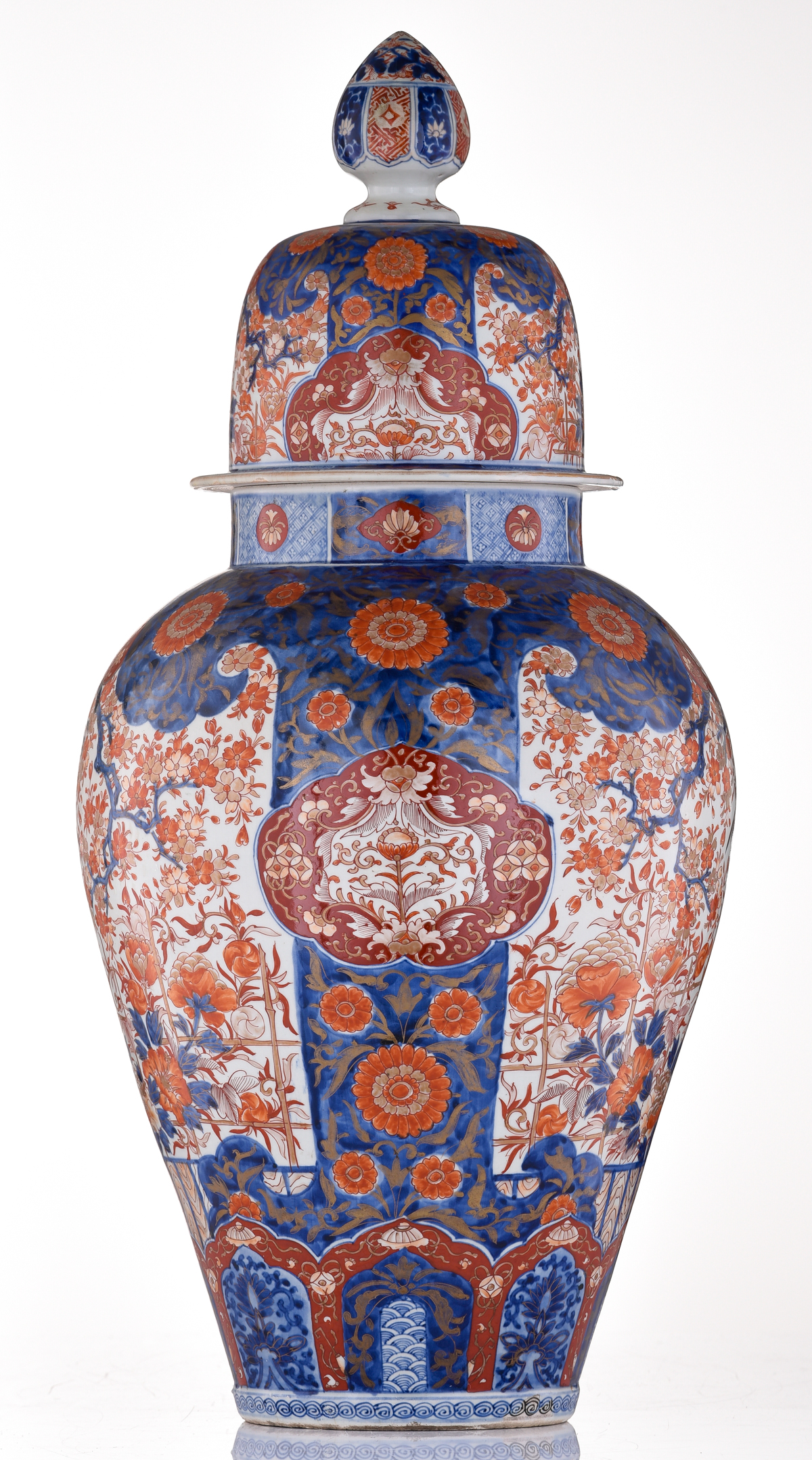 A large Japanese Arita Imari covered jar, decorated with flower sprays and with two large panels, fi - Image 5 of 7