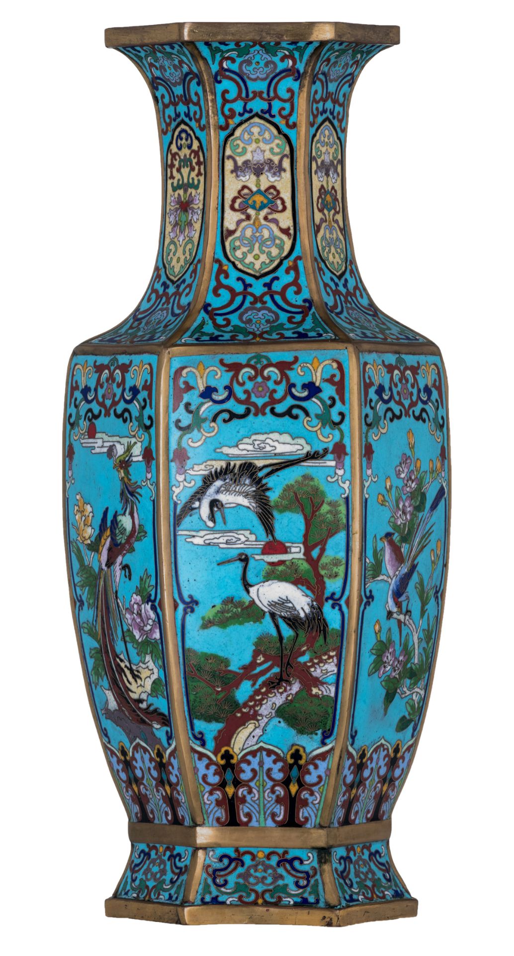 A Chinese hexagonal cloisonné enamel baluster shaped vase, the panels decorated with birds, flower b