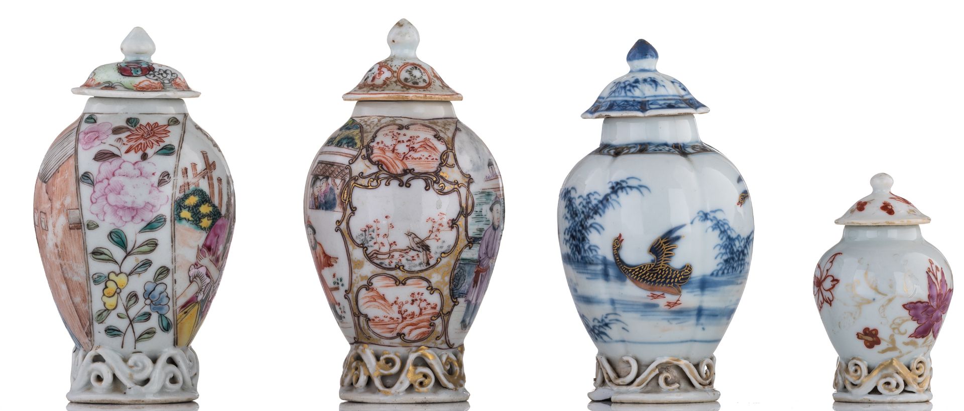 A lot of four Chinese porcelain tea caddies, relief decorated with scrollwork, the smallest one was - Image 4 of 7