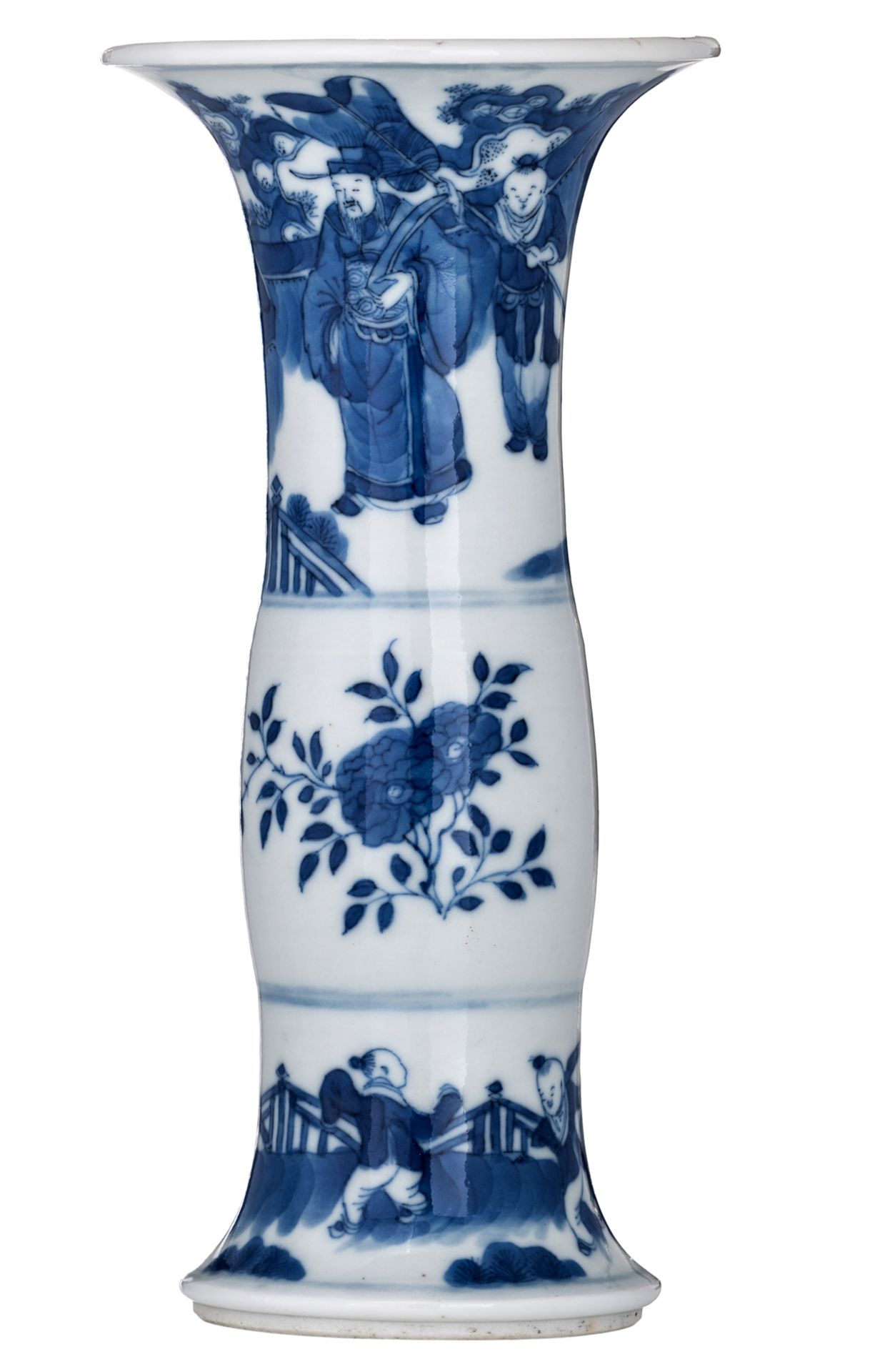 A small Chinese blue and white Kangxi type vase, decorated with figures and flowers, H 18 cm